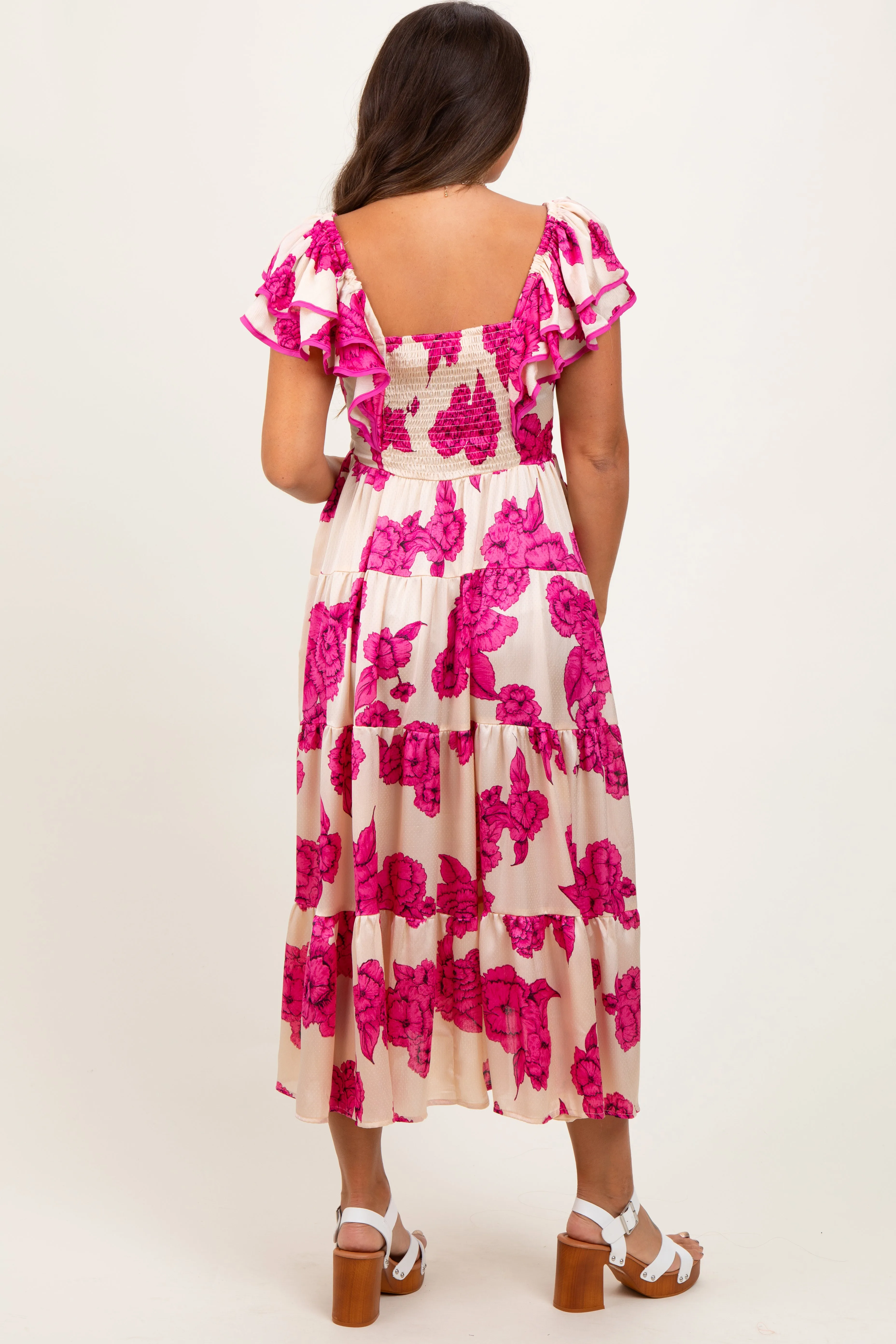 Cream Floral Smocked Waist Tiered Maternity Midi Dress sold by Pinkblush product image thumbnail 4