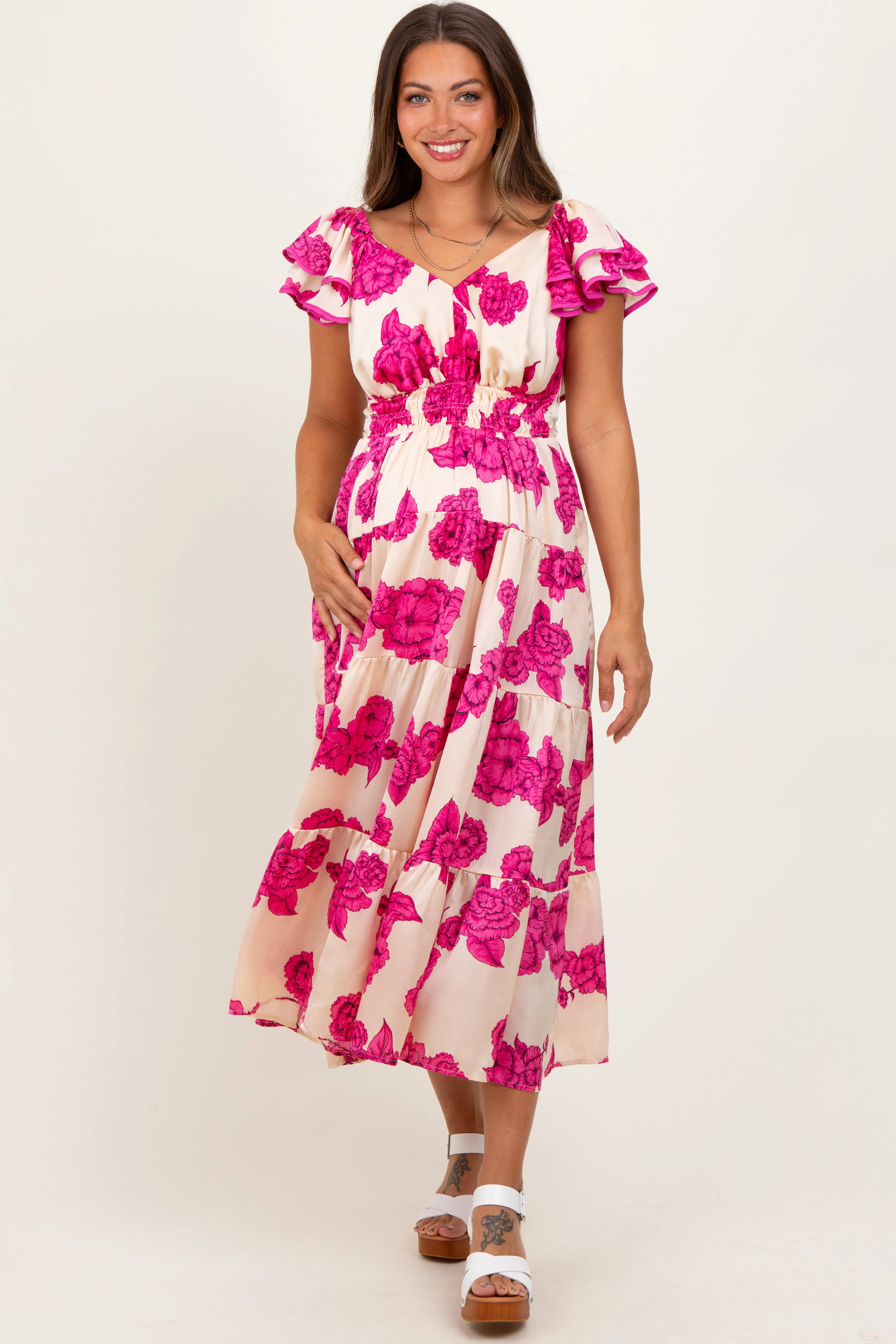 Cream Floral Smocked Waist Tiered Maternity Midi Dress sold by Pinkblush