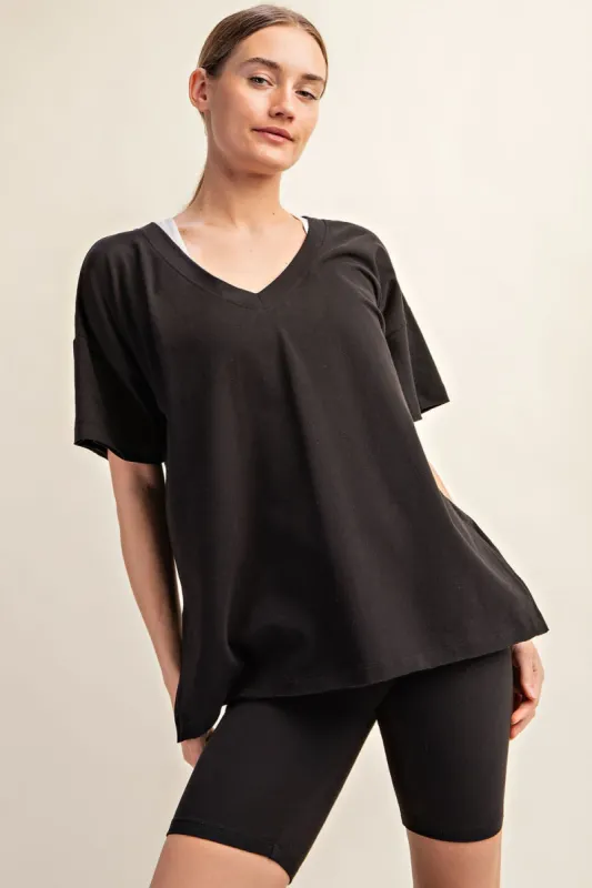 Black Oversized V-Neck Side Slit Tee sold by Pinkblush