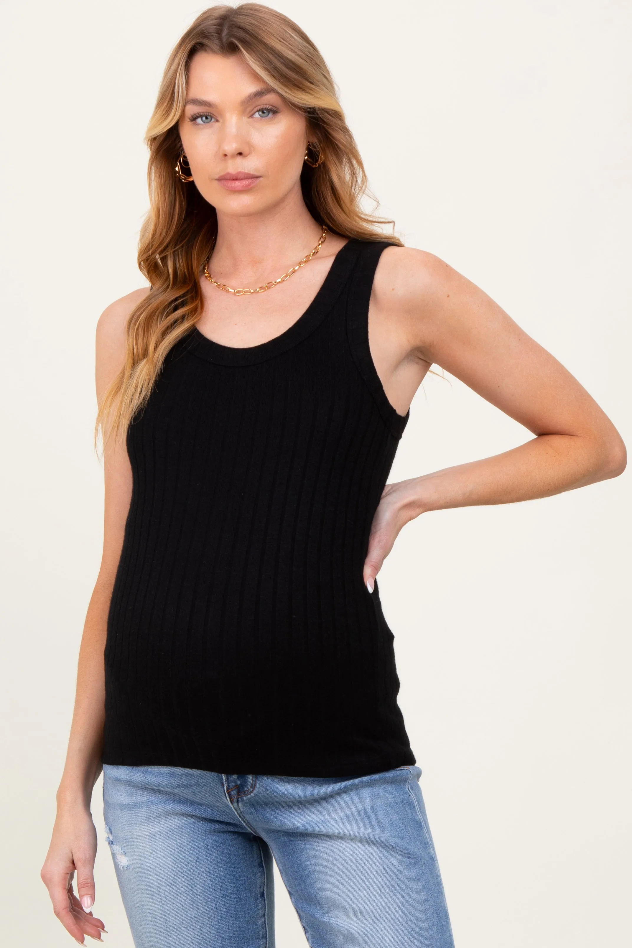 Black Melange Ribbed Fitted Maternity Tank Top sold by Pinkblush product image thumbnail 2