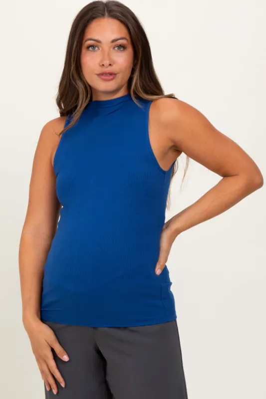 Navy Ribbed Sleeveless Mock Neck Maternity Top sold by Pinkblush