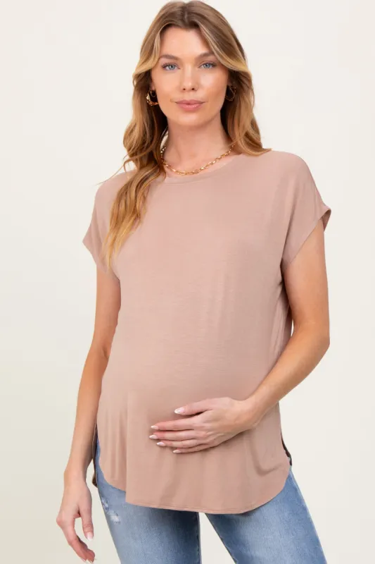 Taupe Dolman Sleeve Round Neck Maternity Top sold by Pinkblush