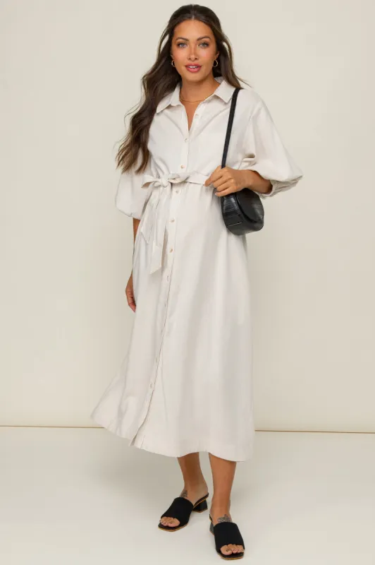 Beige 3/4 Bubble Sleeve Maternity Midi Shirt Dress sold by Pinkblush