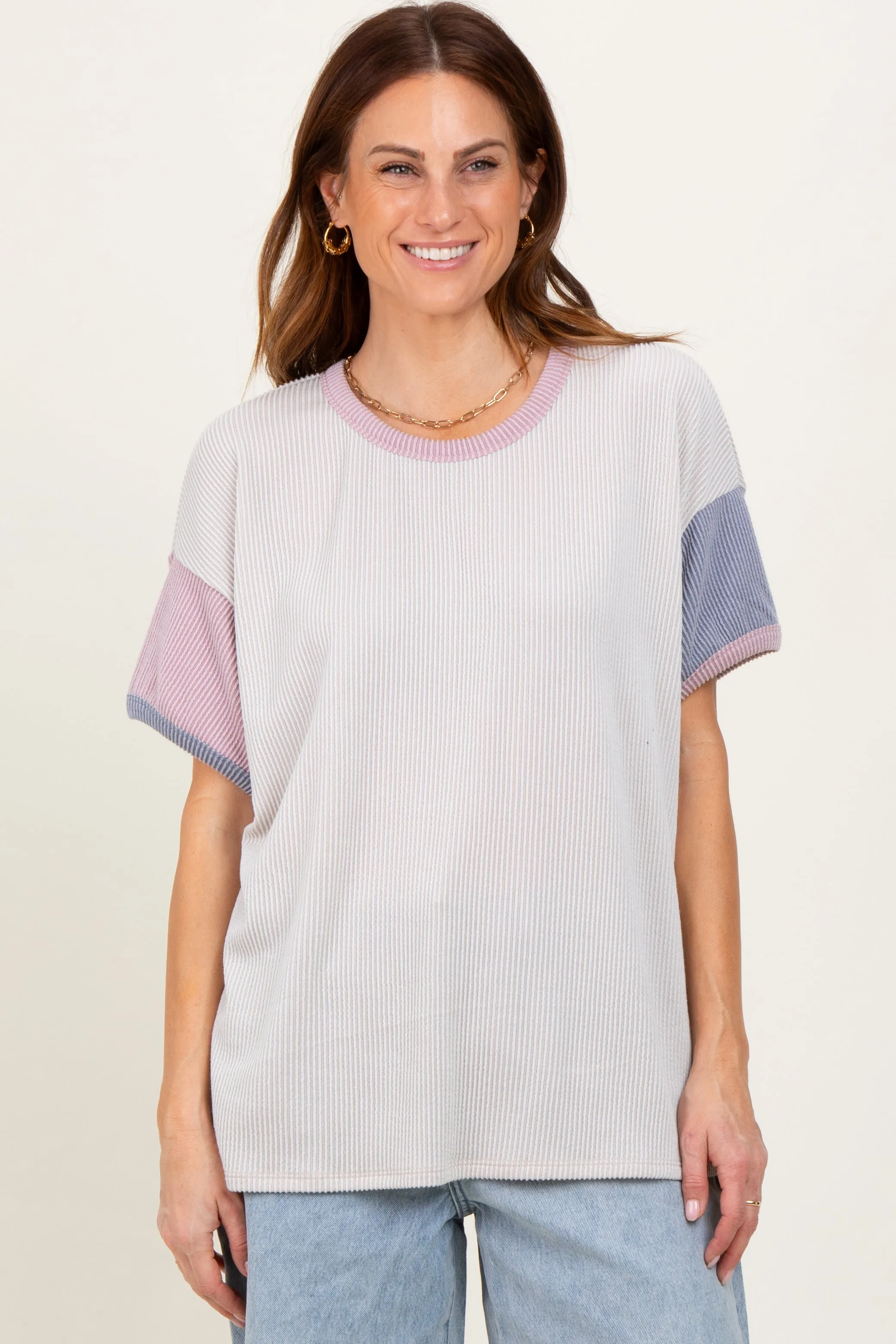 Cream Solid Ribbed Color Block Short Sleeve Tunic Top sold by Pinkblush