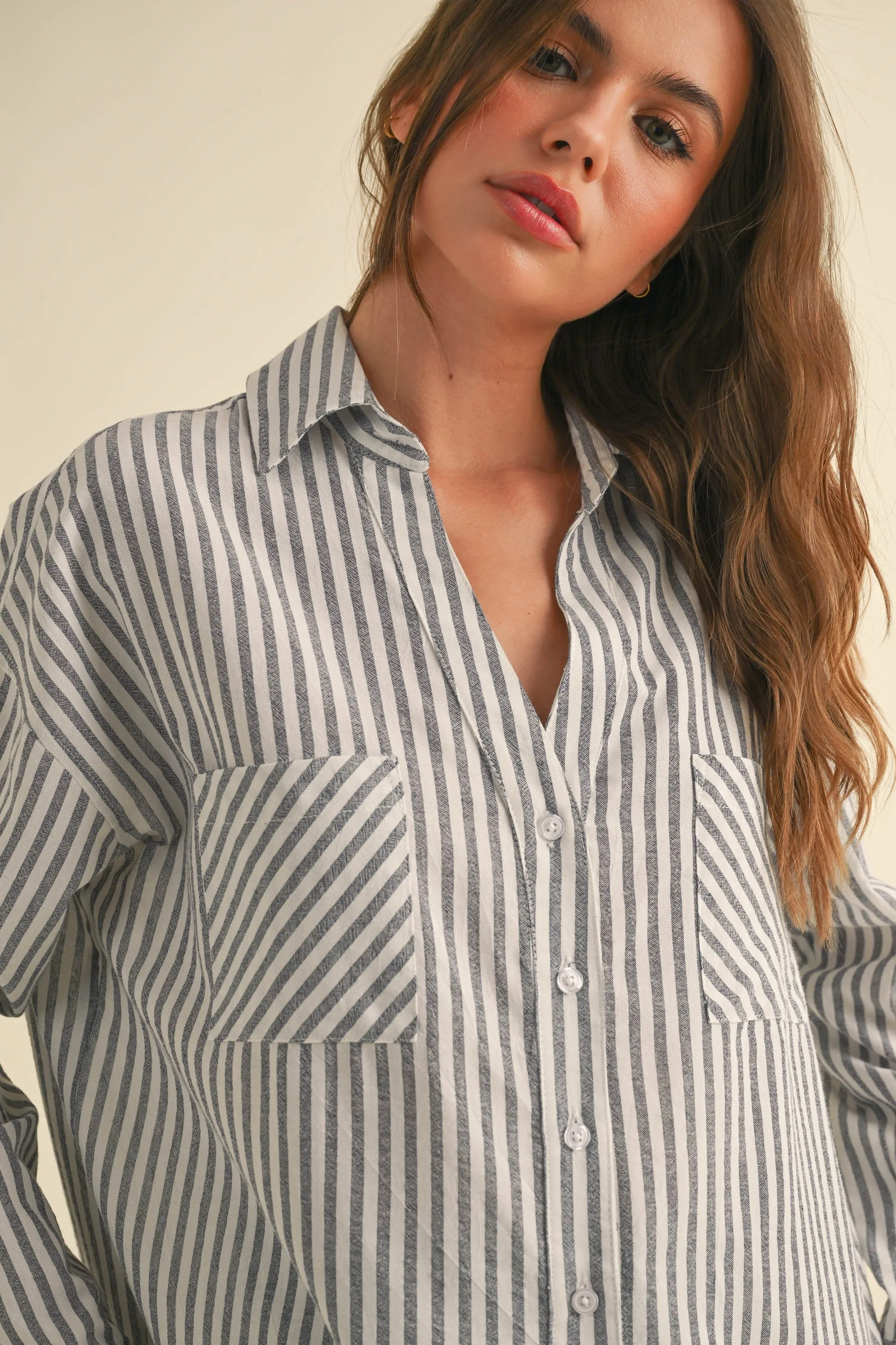 Navy Striped Double Pocket Button Down Top sold by Pinkblush product image thumbnail 5