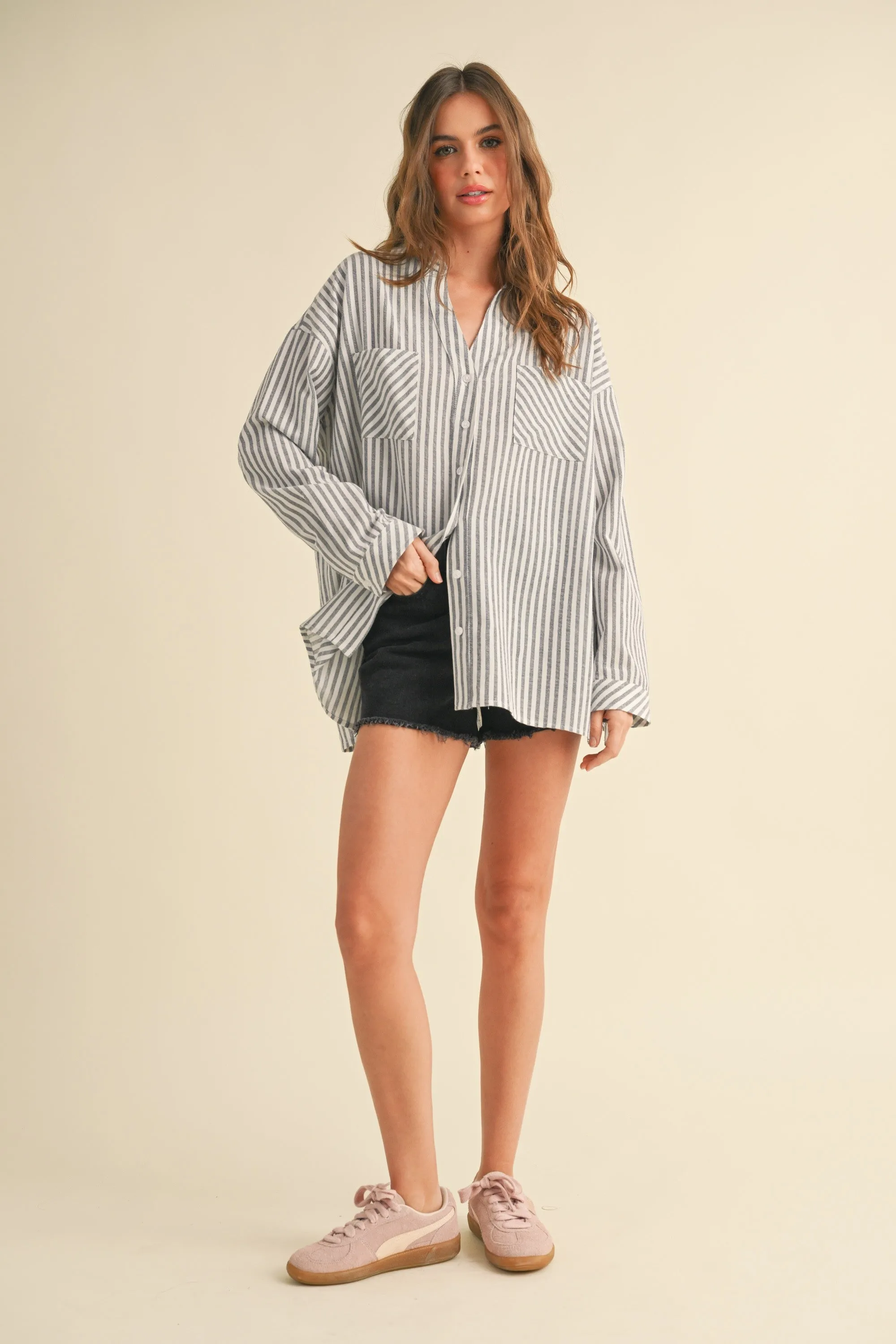 Navy Striped Double Pocket Button Down Top sold by Pinkblush product image thumbnail 4