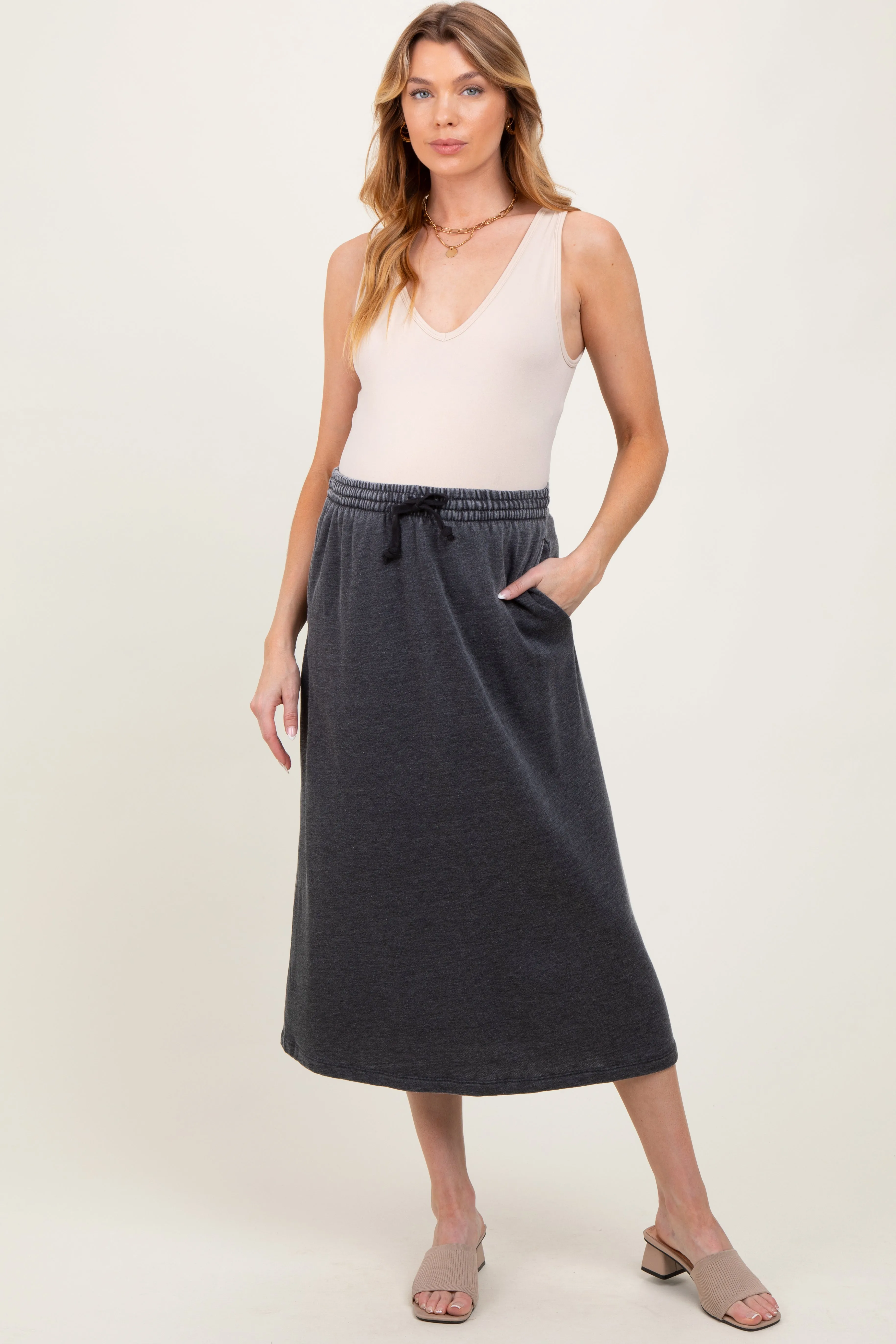 Charcoal Terry Drawstring Maternity Midi Skirt sold by Pinkblush