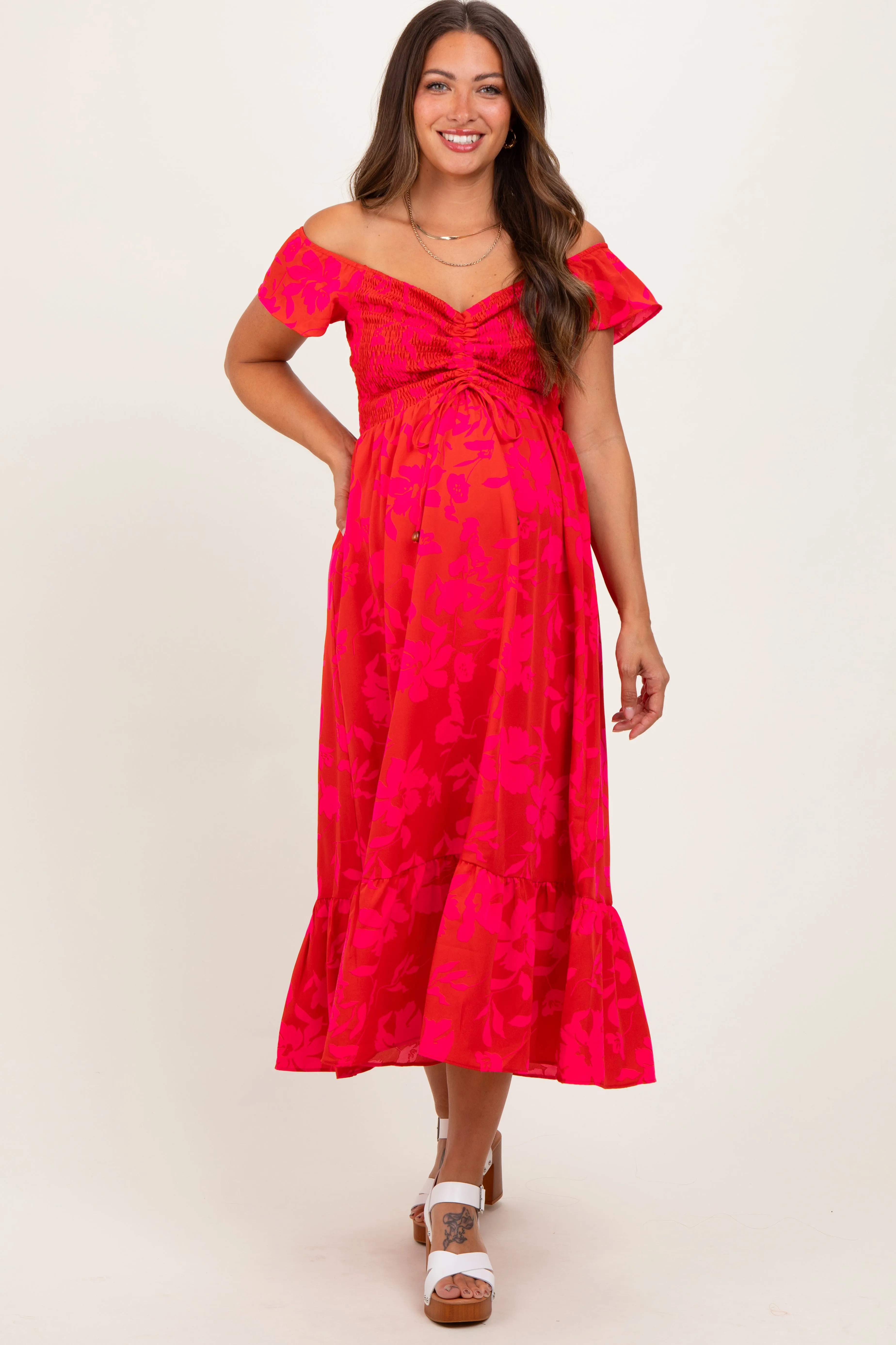 Red Multi Smocked Top Maternity Maxi Dress sold by Pinkblush product image thumbnail 2