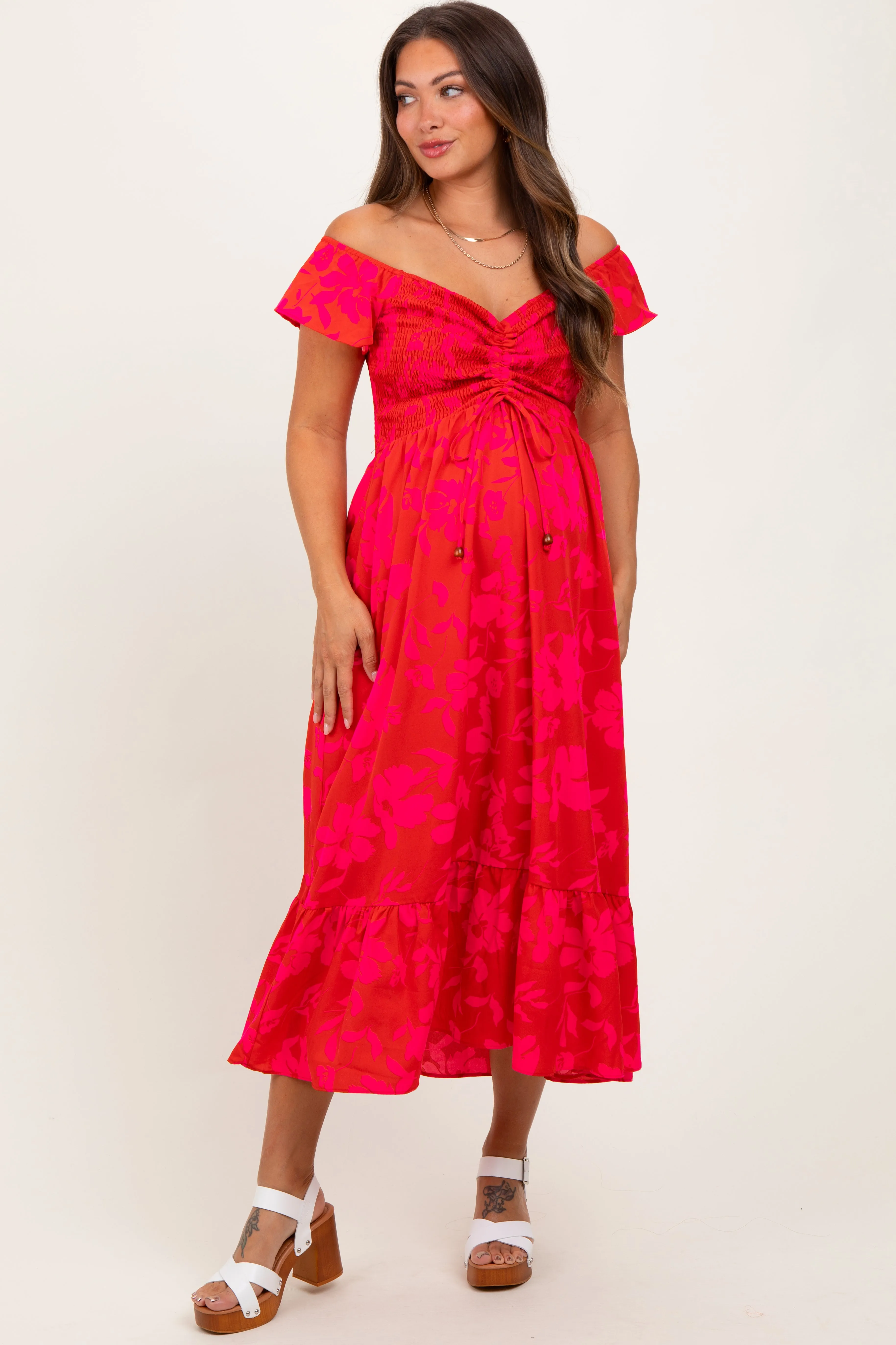 Red Multi Smocked Top Maternity Maxi Dress sold by Pinkblush