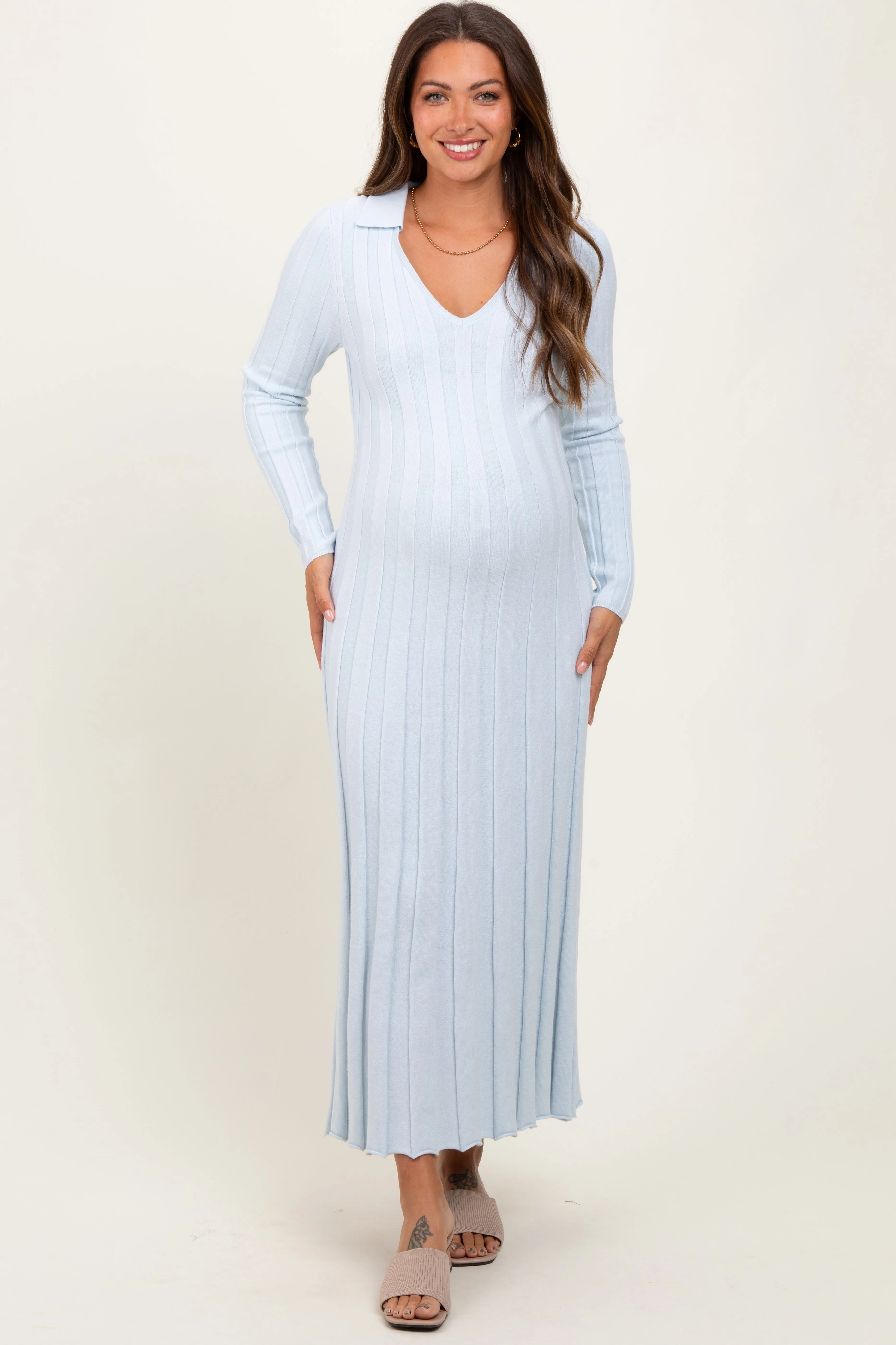 Light Blue Wide Ribbed Knit Collared Maternity Midi Dress sold by Pinkblush product image thumbnail 2