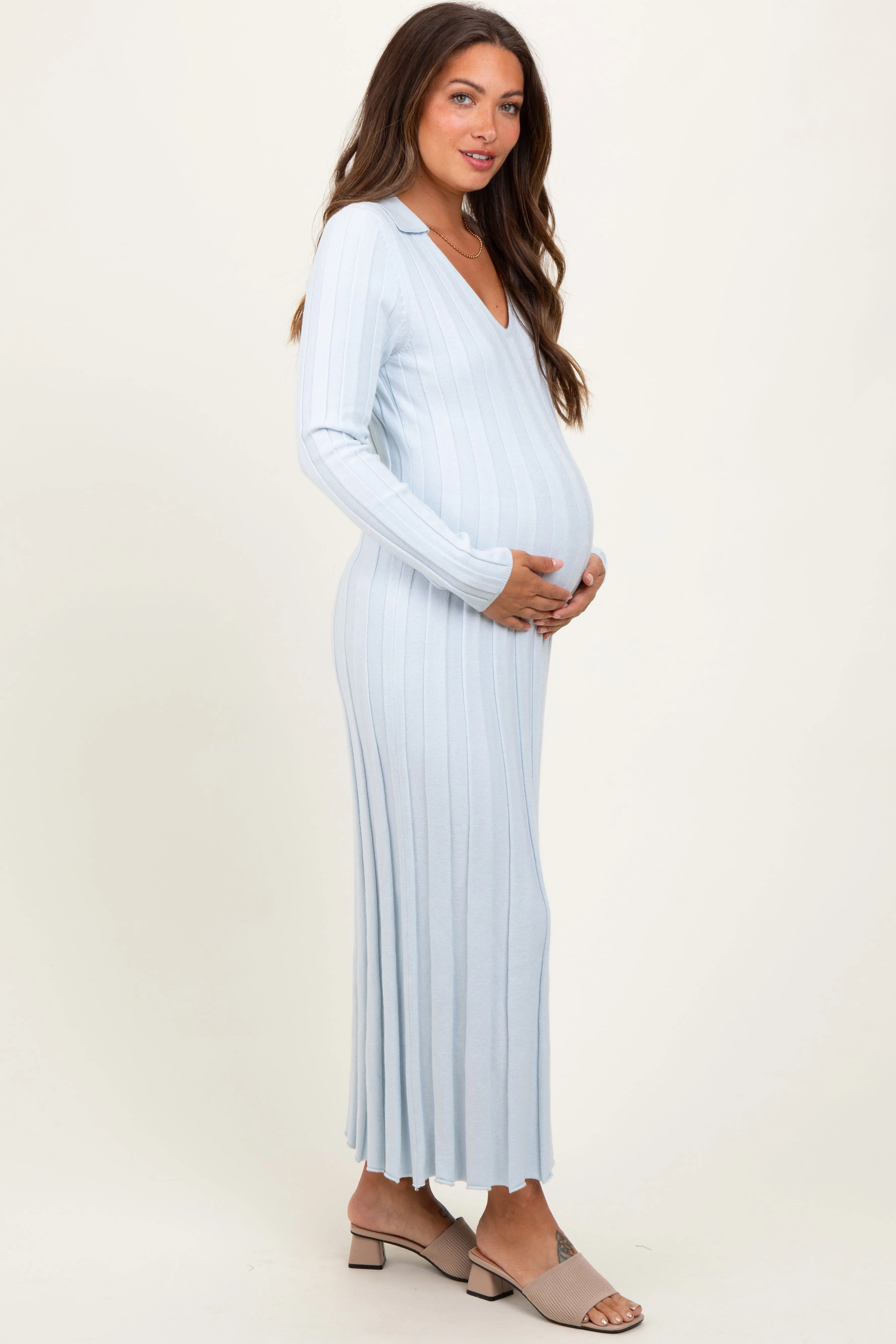 Light Blue Wide Ribbed Knit Collared Maternity Midi Dress sold by Pinkblush product image thumbnail 3