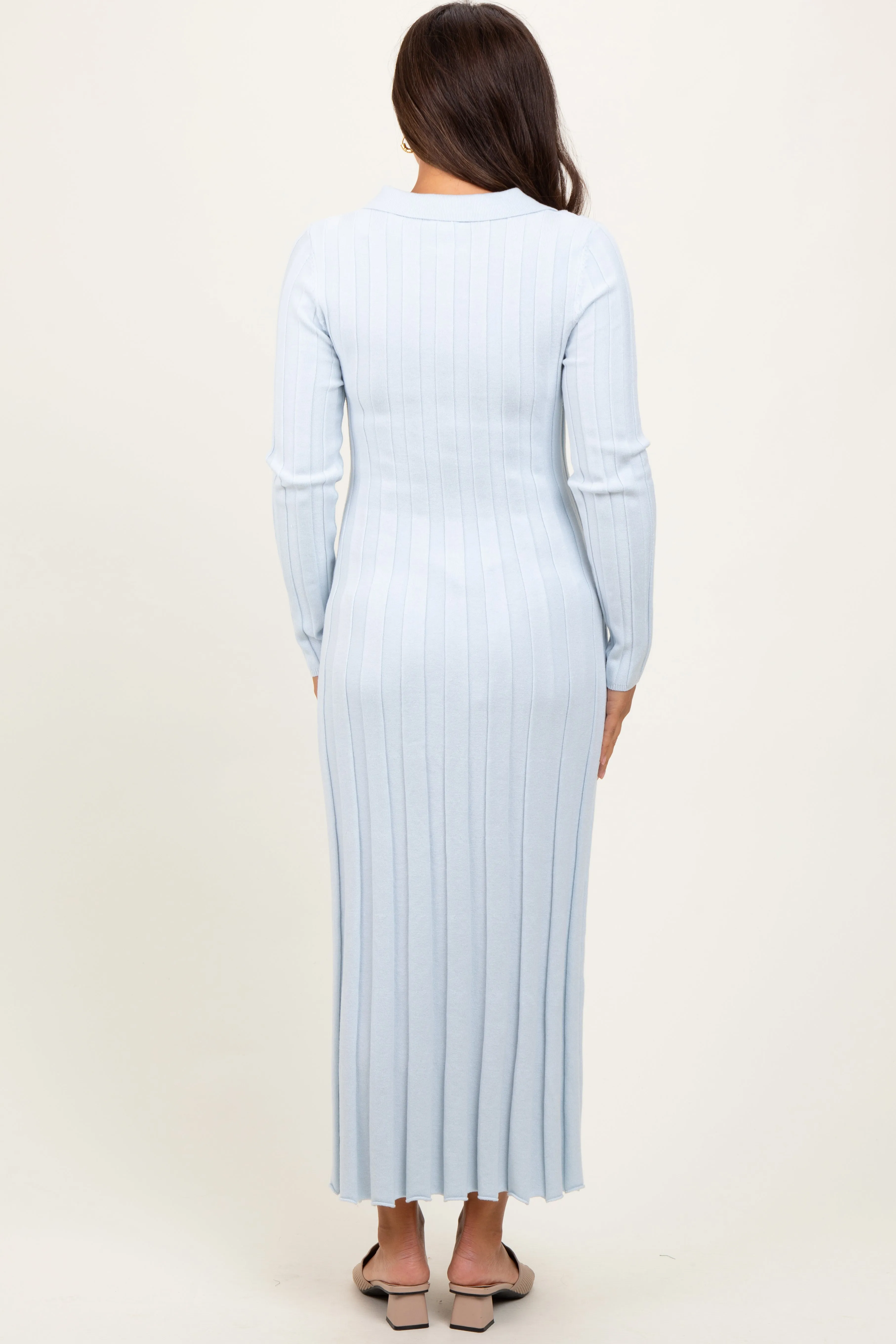 Light Blue Wide Ribbed Knit Collared Maternity Midi Dress sold by Pinkblush product image thumbnail 4