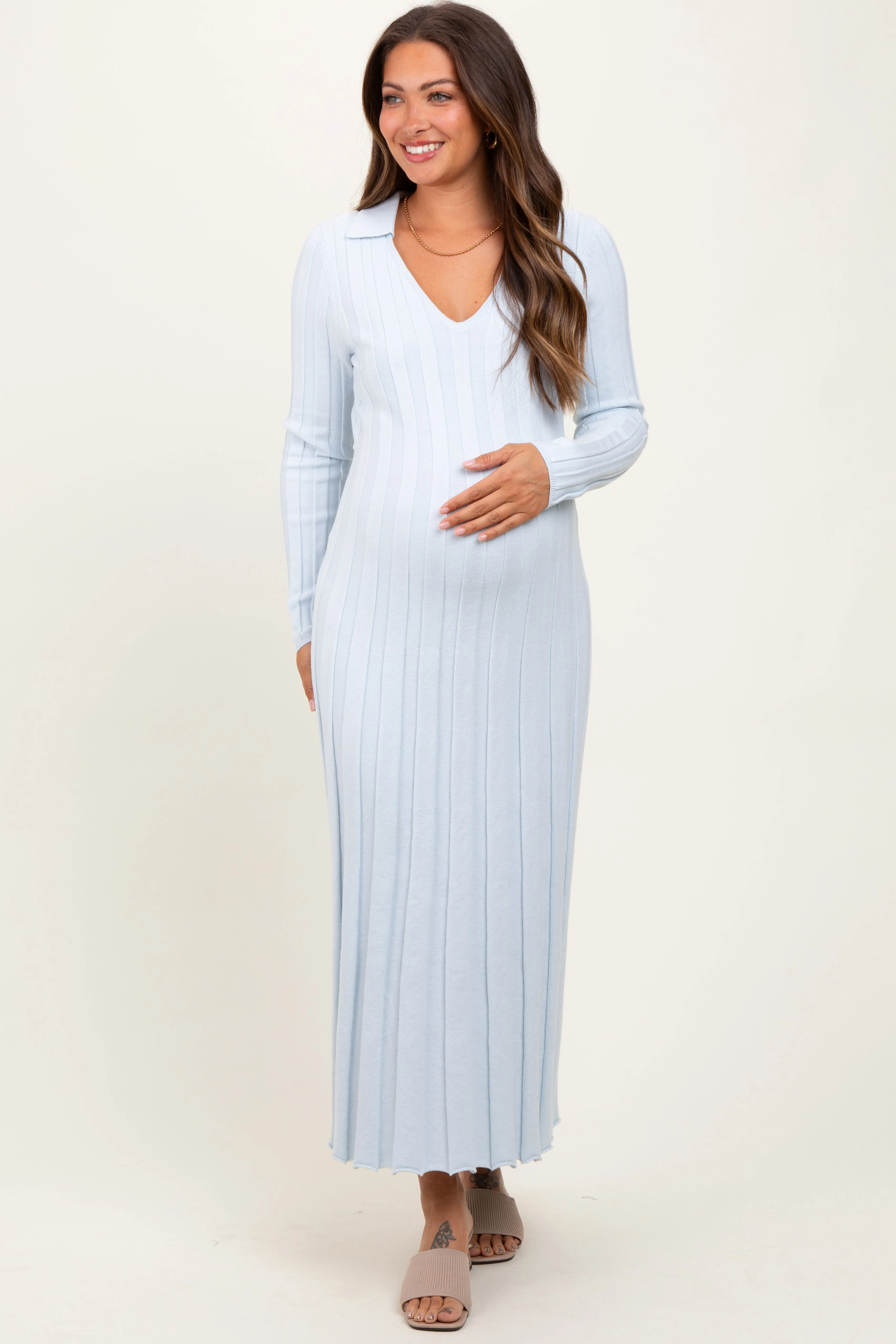 Light Blue Wide Ribbed Knit Collared Maternity Midi Dress sold by Pinkblush