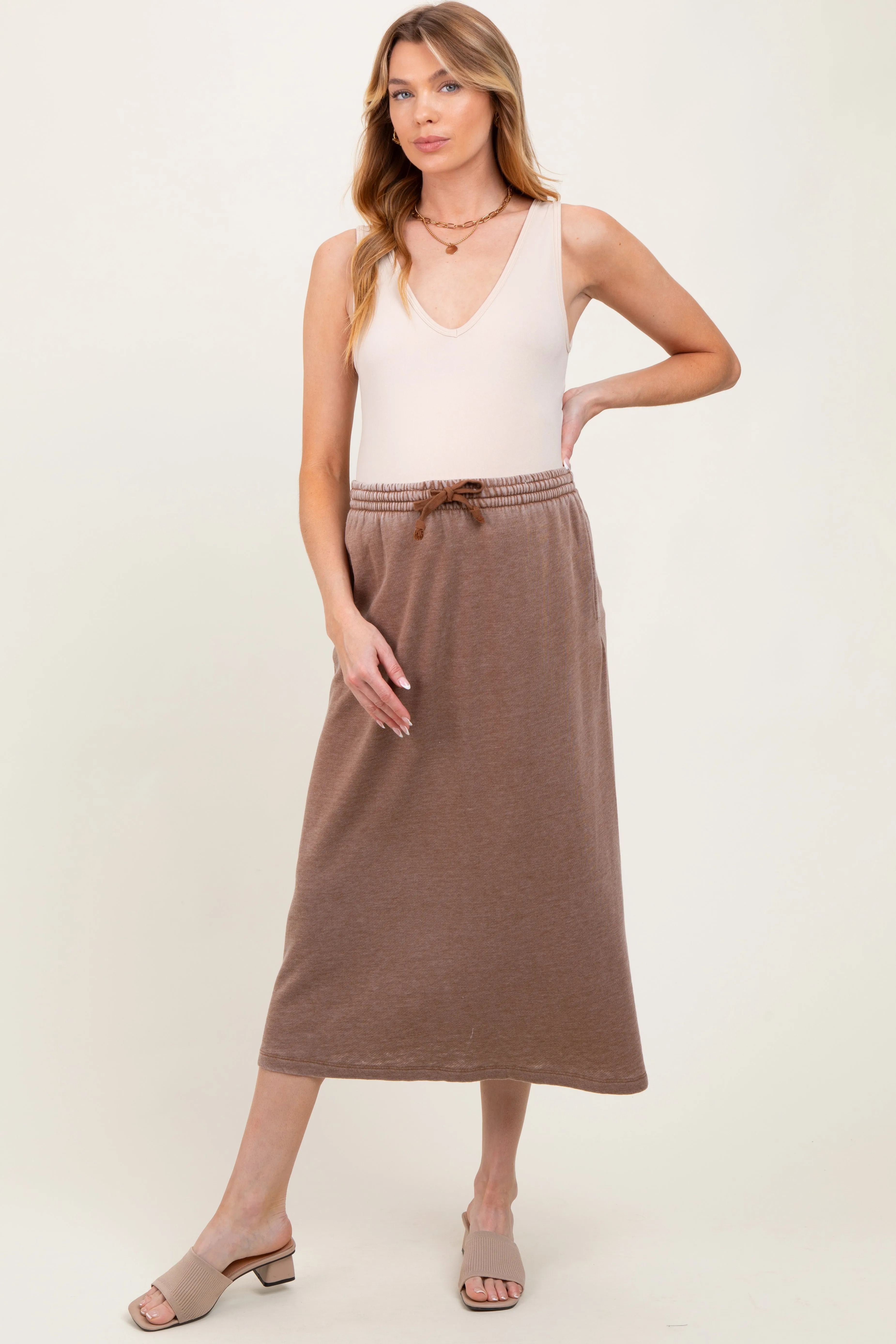 Mocha Terry Drawstring Maternity Midi Skirt sold by Pinkblush