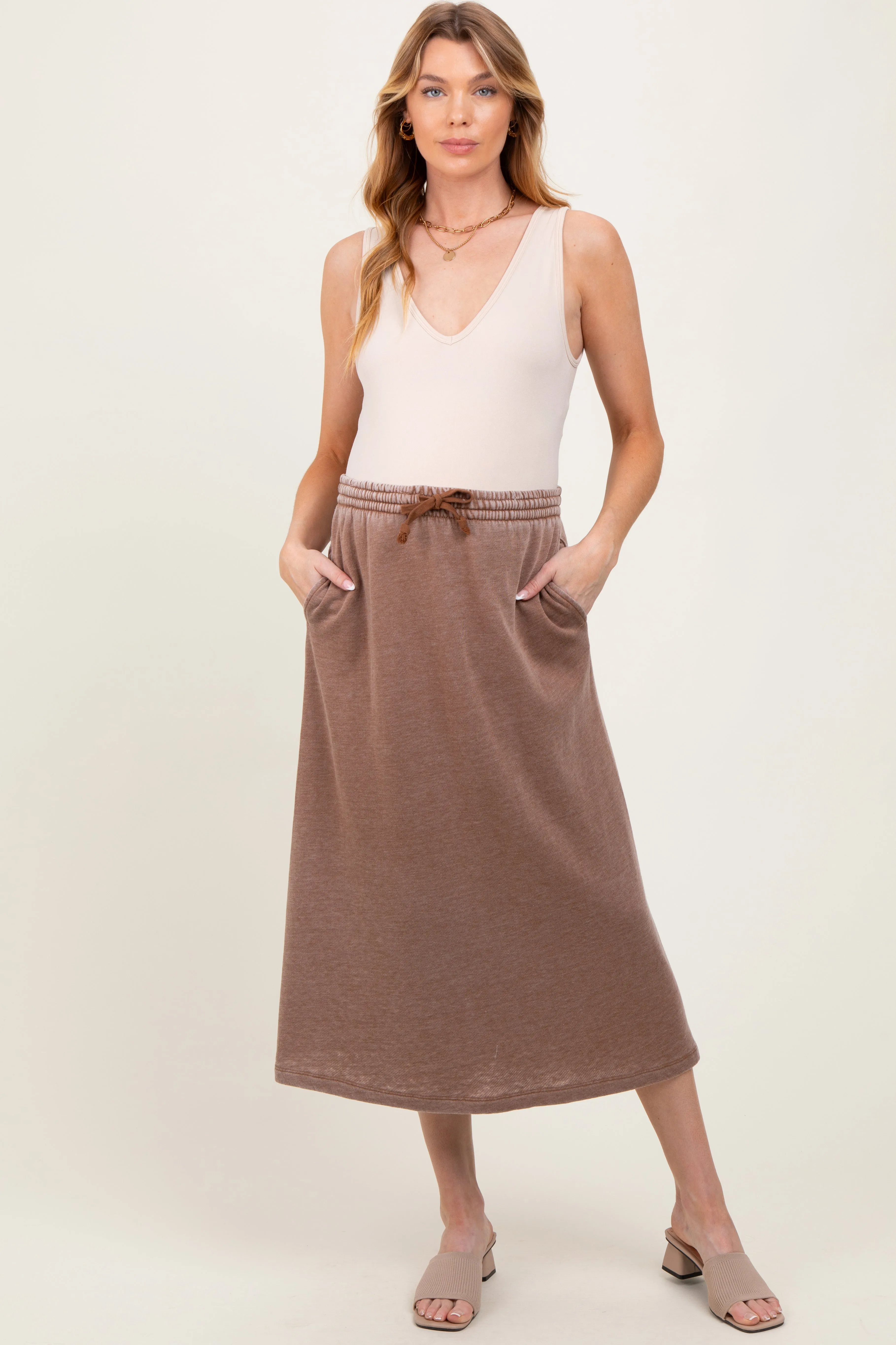 Mocha Terry Drawstring Maternity Midi Skirt sold by Pinkblush product image thumbnail 2