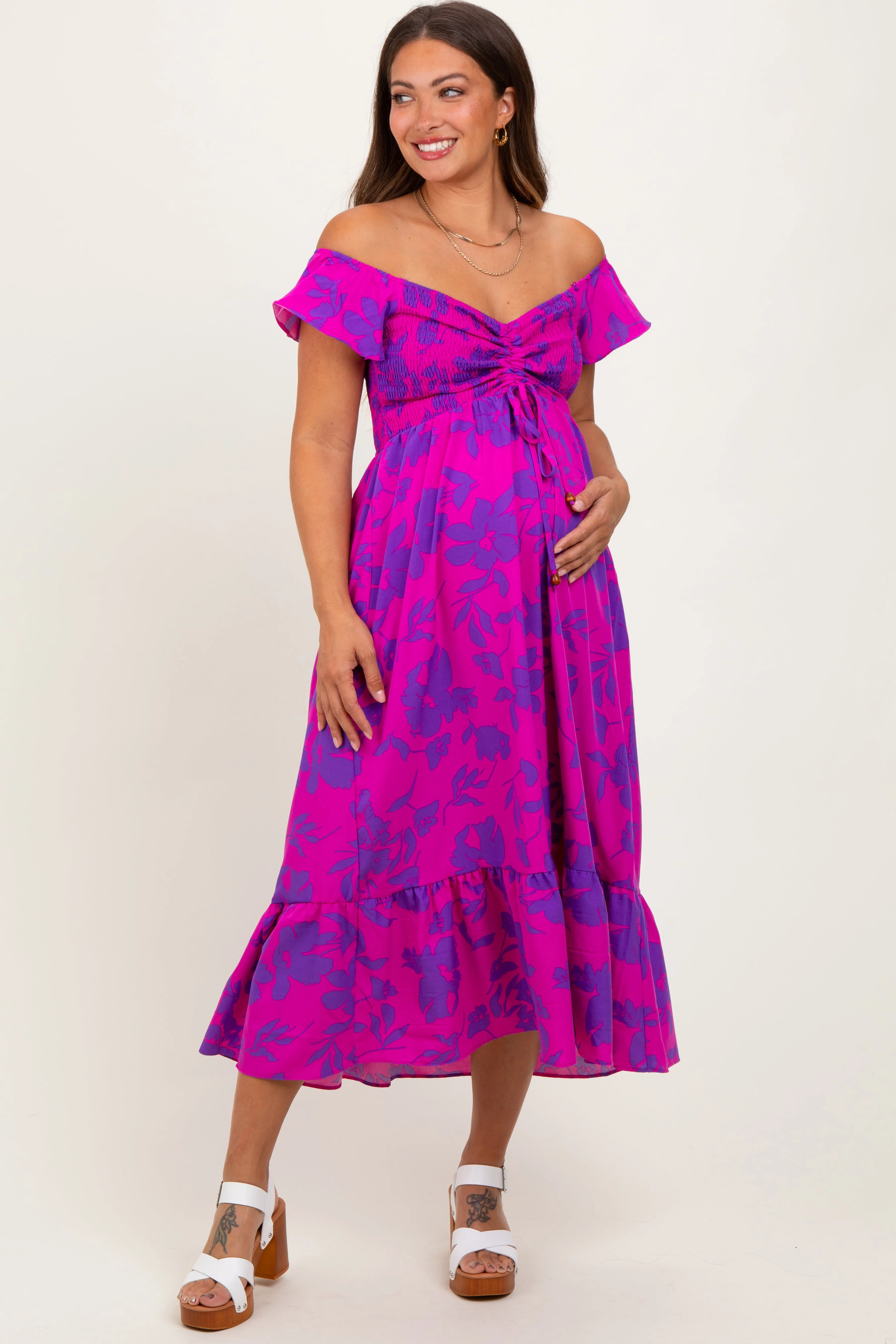 Magenta Multi Smocked Top Maternity Maxi Dress sold by Pinkblush
