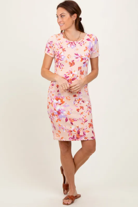 Peach Floral Short Sleeve Ruched Dress sold by Pinkblush