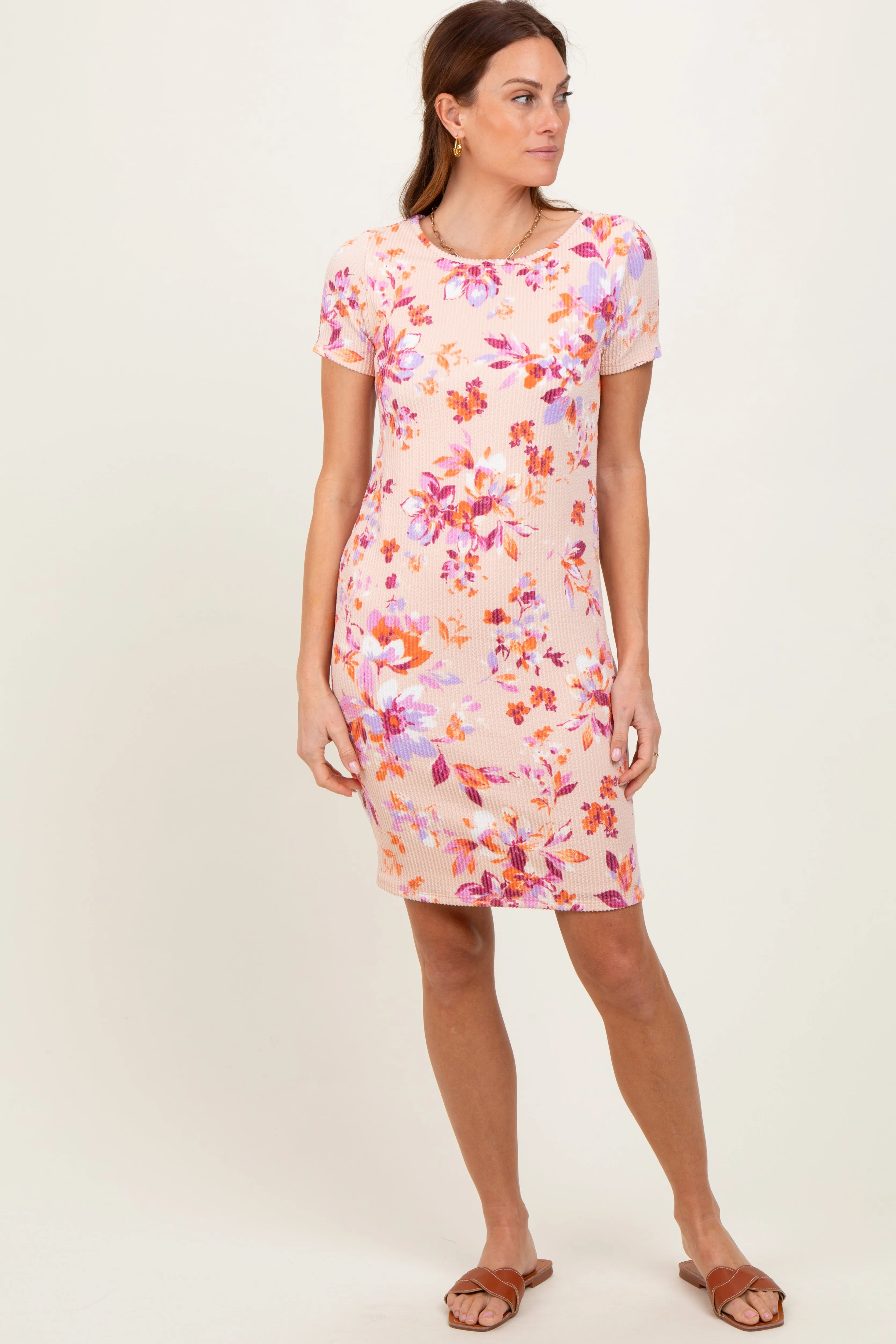 Peach Floral Short Sleeve Ruched Dress sold by Pinkblush product image thumbnail 2
