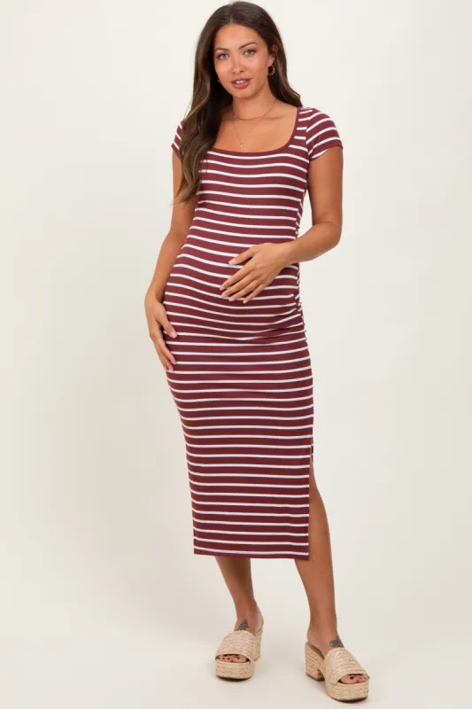 Burgundy Striped Short Sleeve Side Slit Maternity Maxi Dress sold by Pinkblush