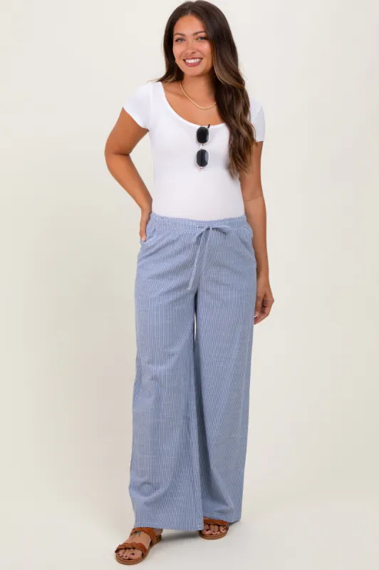 Blue Striped Drawstring Wide Leg Maternity Pants sold by Pinkblush