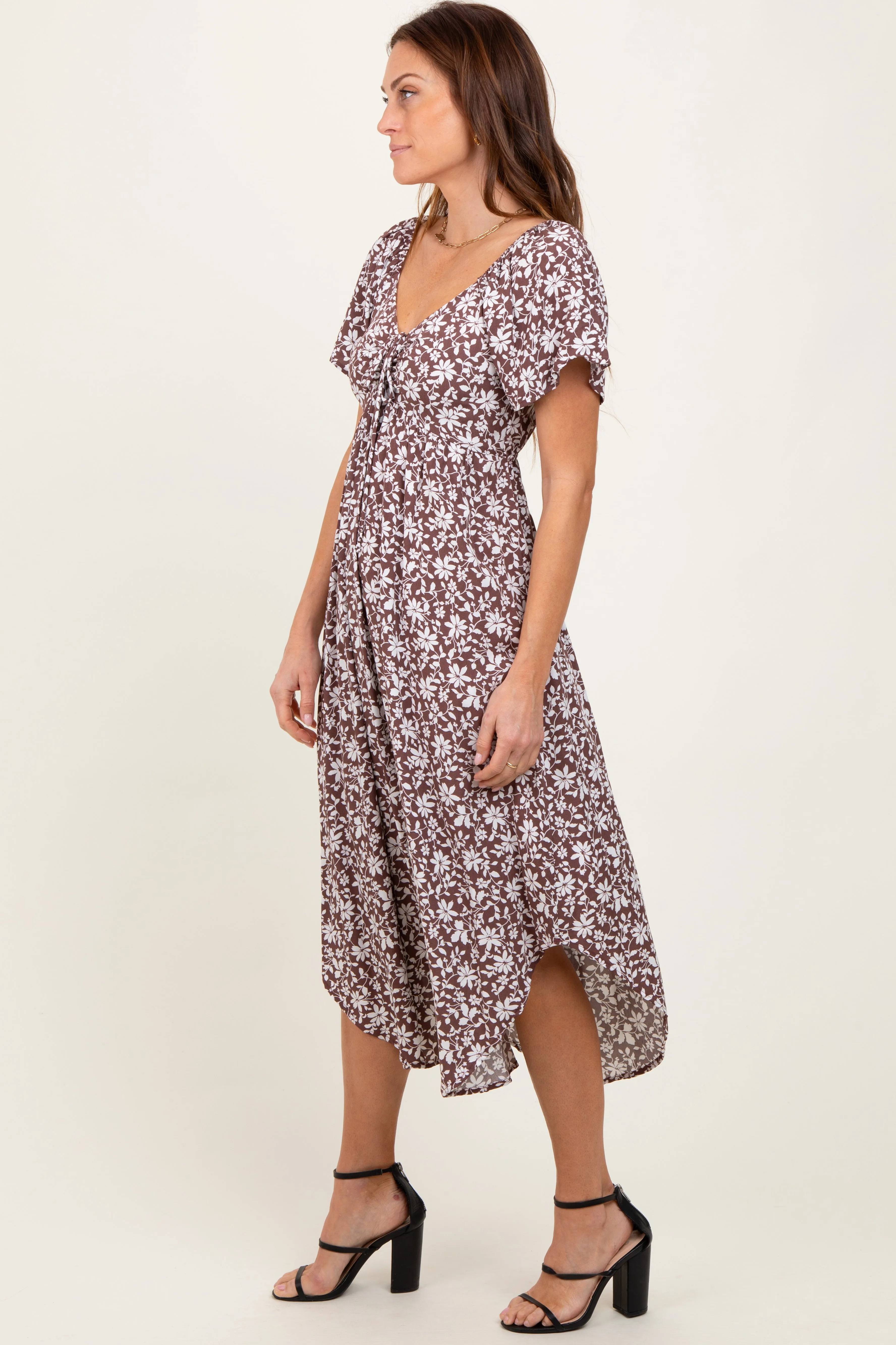 Brown Floral Ruched Tie Front Midi Dress sold by Pinkblush product image thumbnail 3