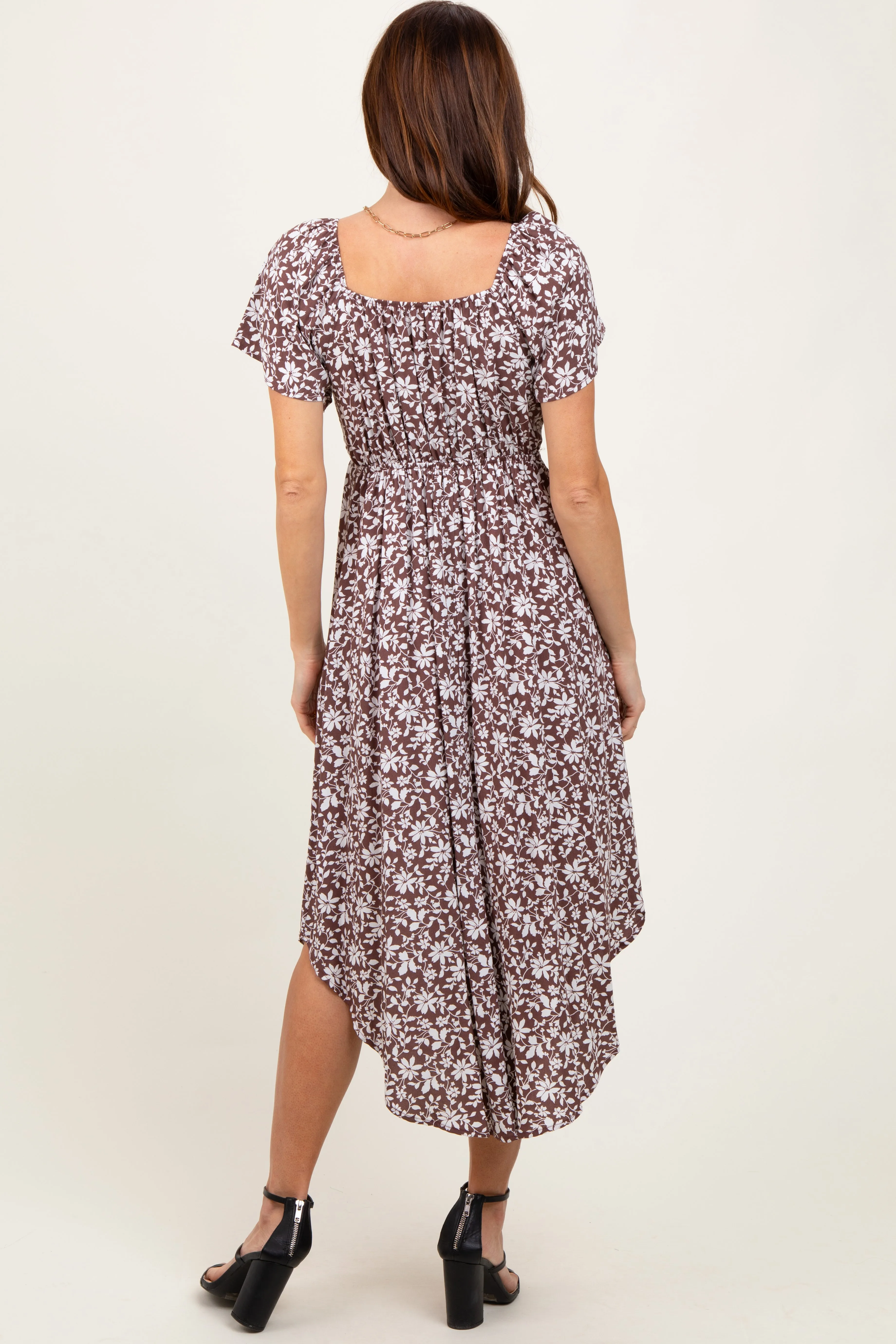 Brown Floral Ruched Tie Front Midi Dress sold by Pinkblush product image thumbnail 4