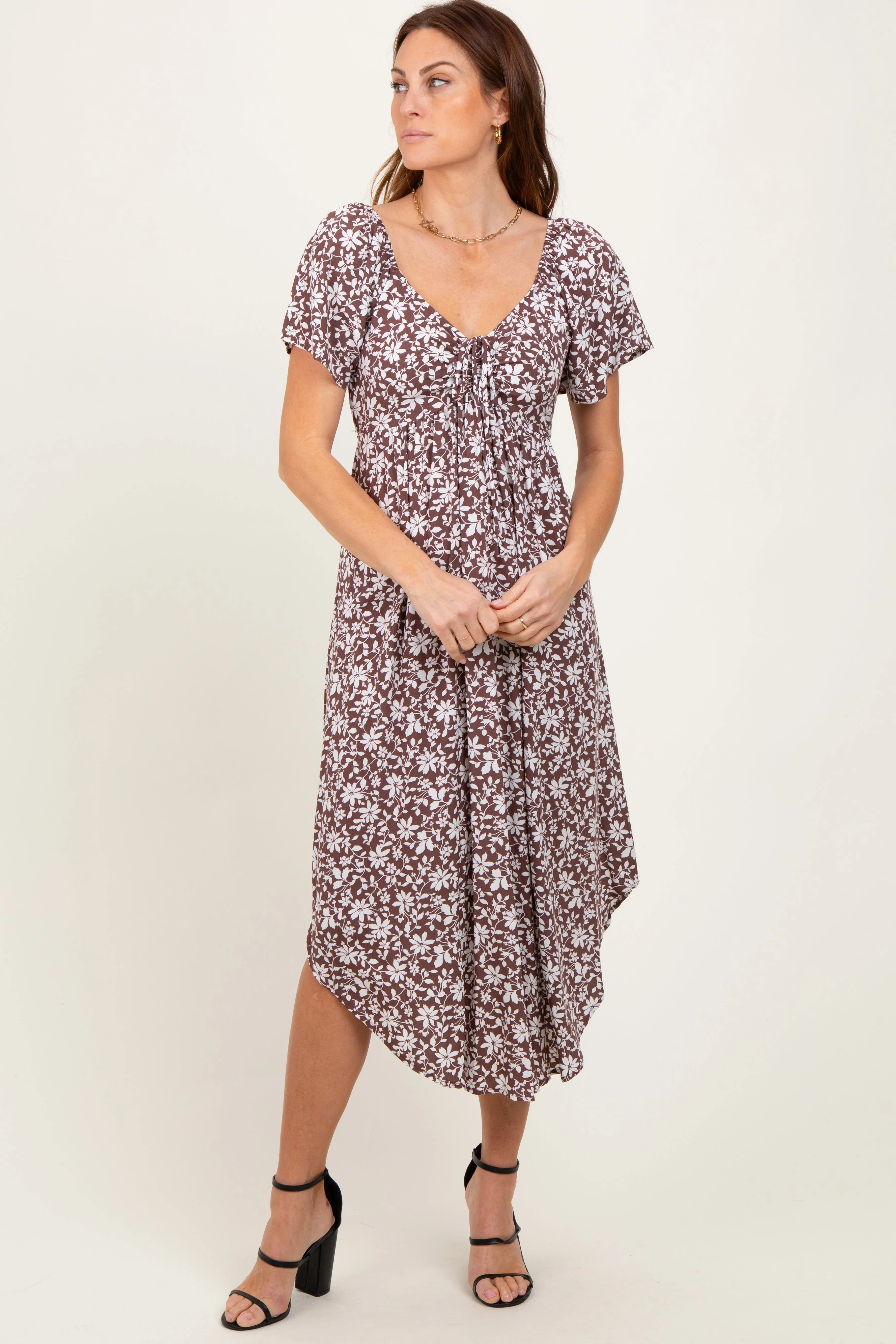 Brown Floral Ruched Tie Front Midi Dress sold by Pinkblush