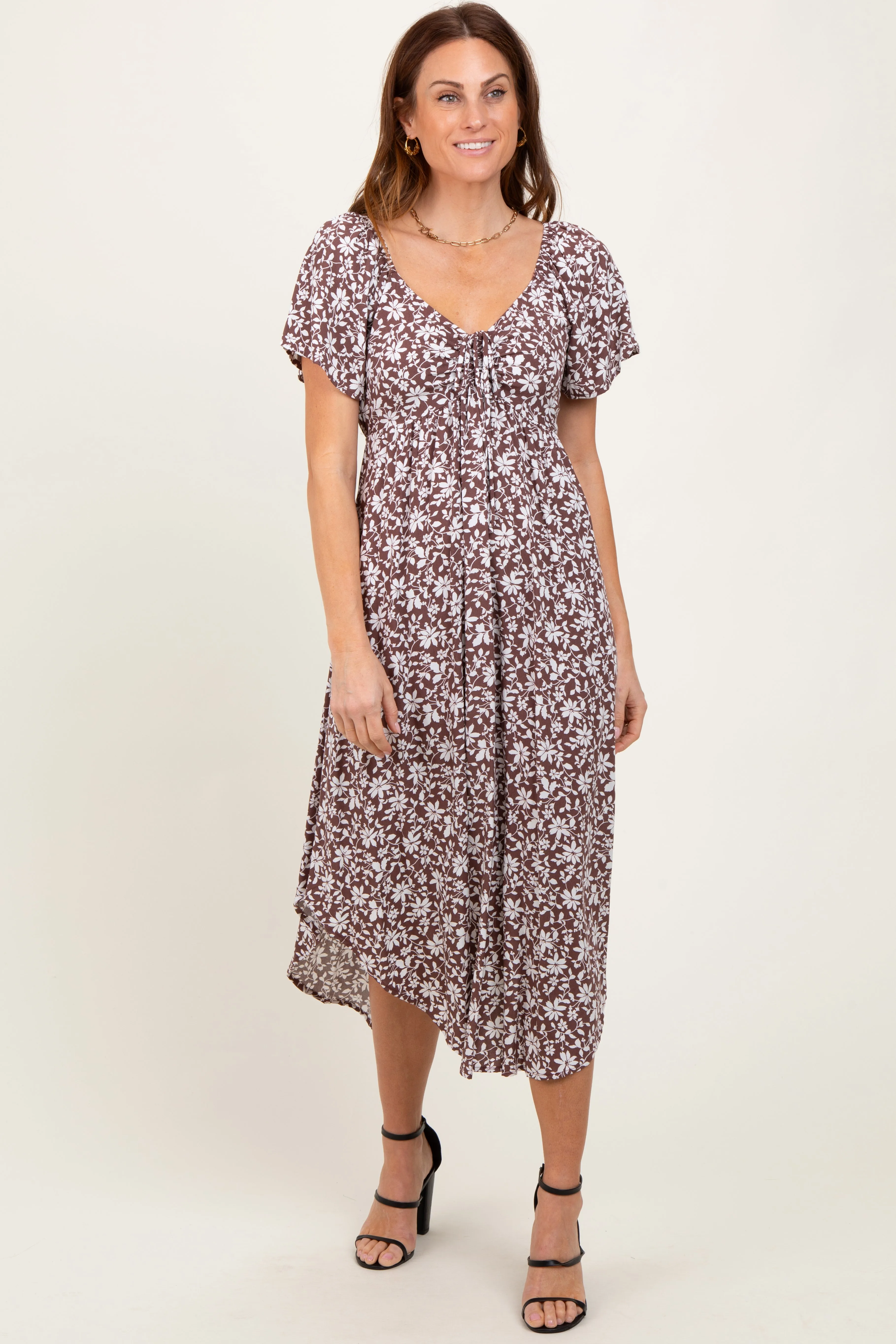 Brown Floral Ruched Tie Front Midi Dress sold by Pinkblush product image thumbnail 2