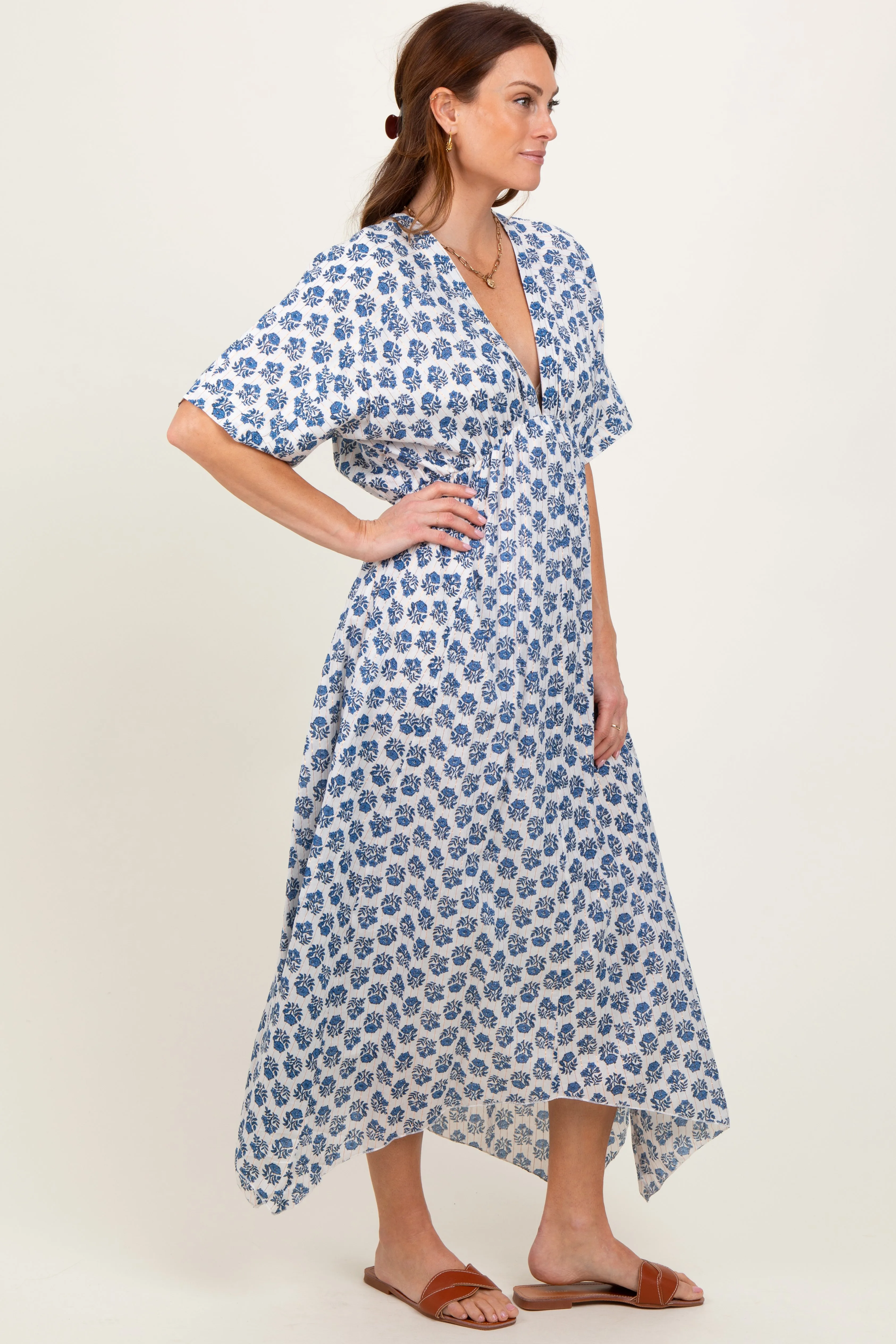 Navy Floral Deep V-Neck Handkerchief Hem Maxi Dress sold by Pinkblush product image thumbnail 3