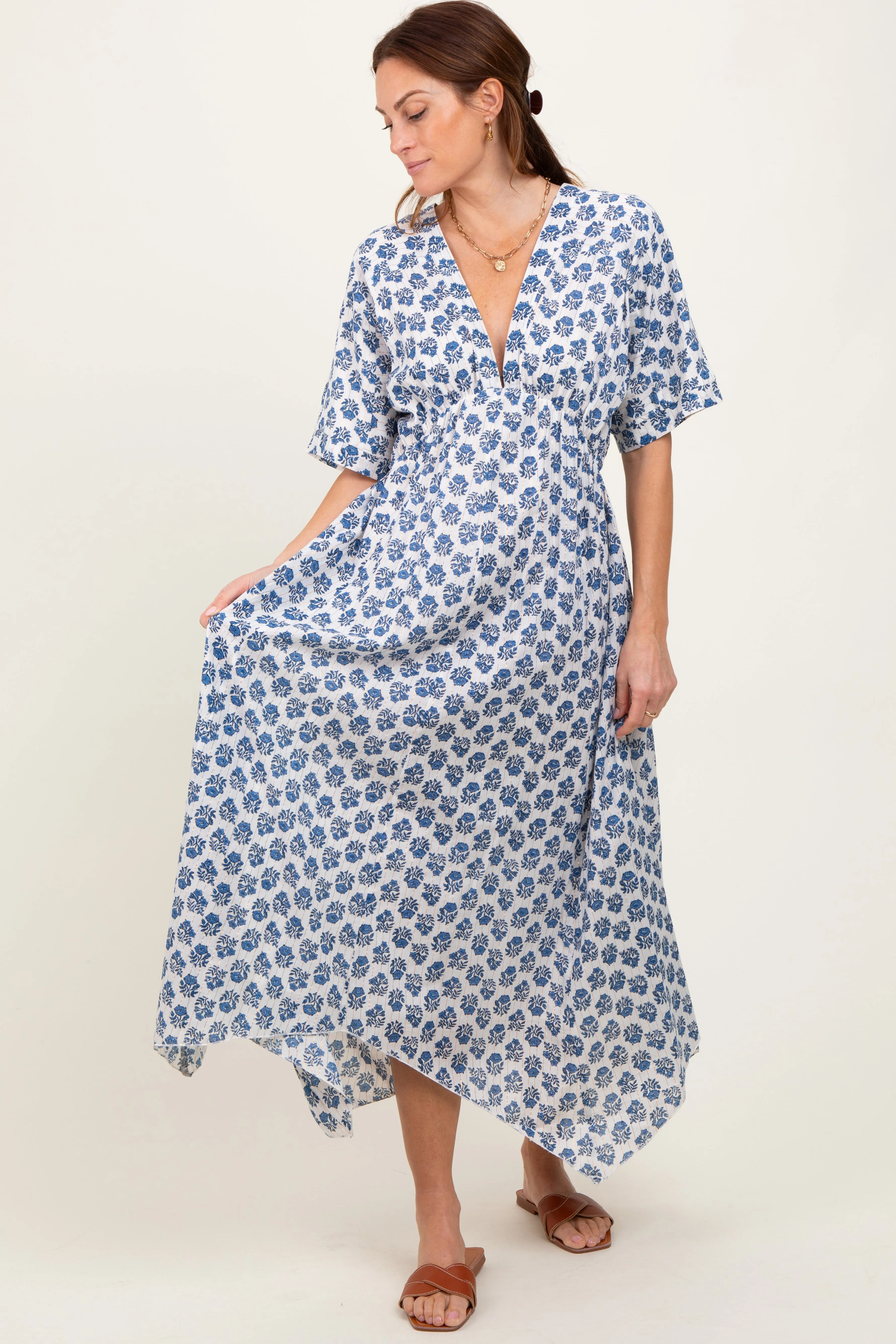 Navy Floral Deep V-Neck Handkerchief Hem Maxi Dress sold by Pinkblush