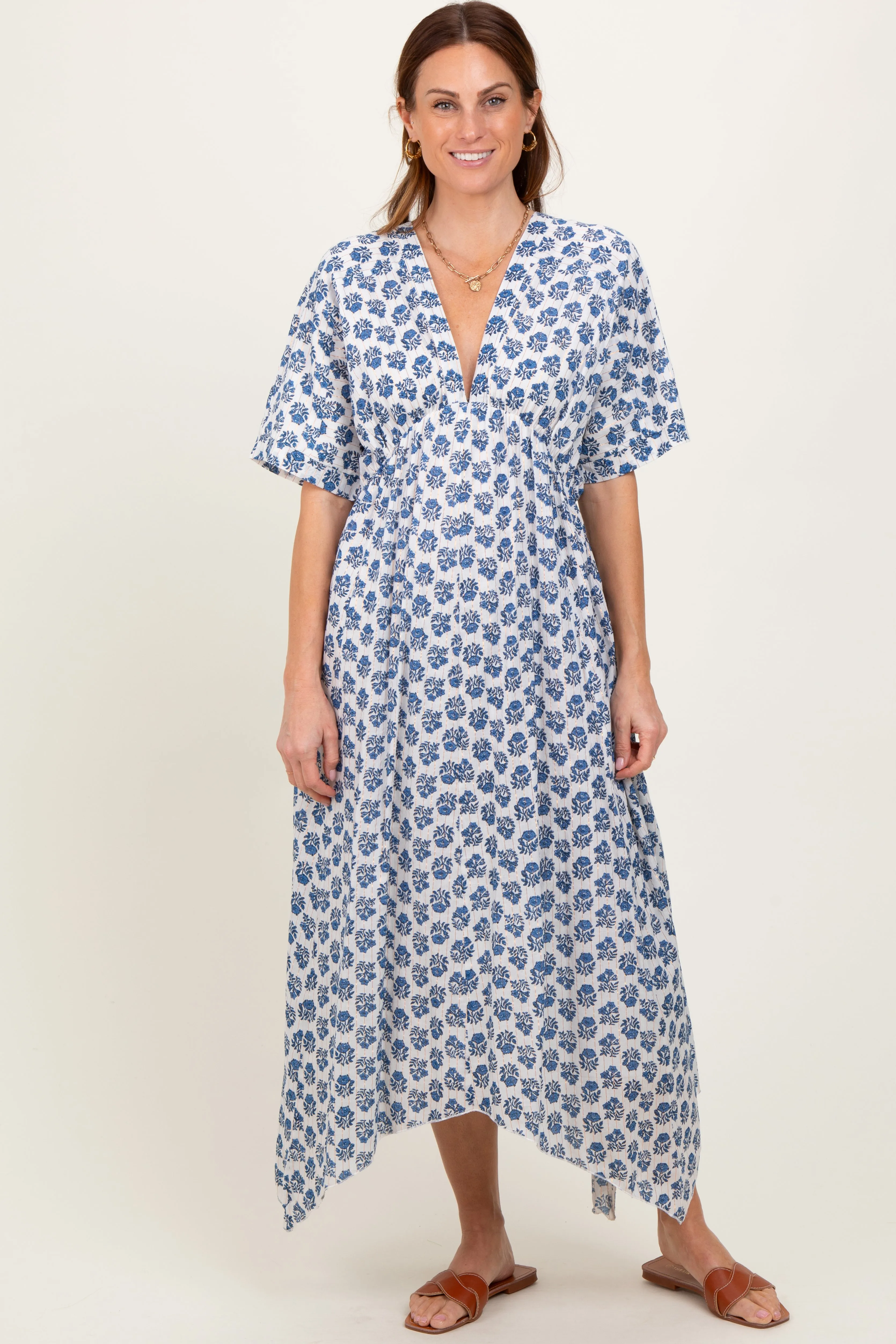 Navy Floral Deep V-Neck Handkerchief Hem Maxi Dress sold by Pinkblush product image thumbnail 2