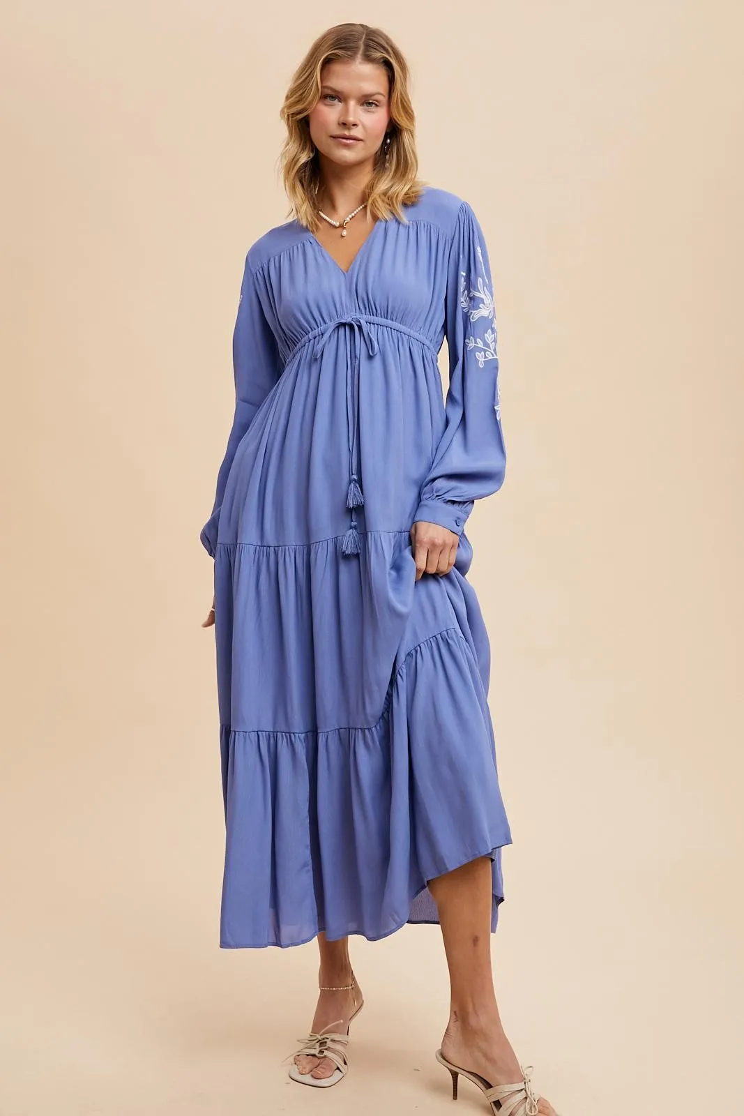 Blue Embroidered Long Sleeve Maxi Dress sold by Pinkblush