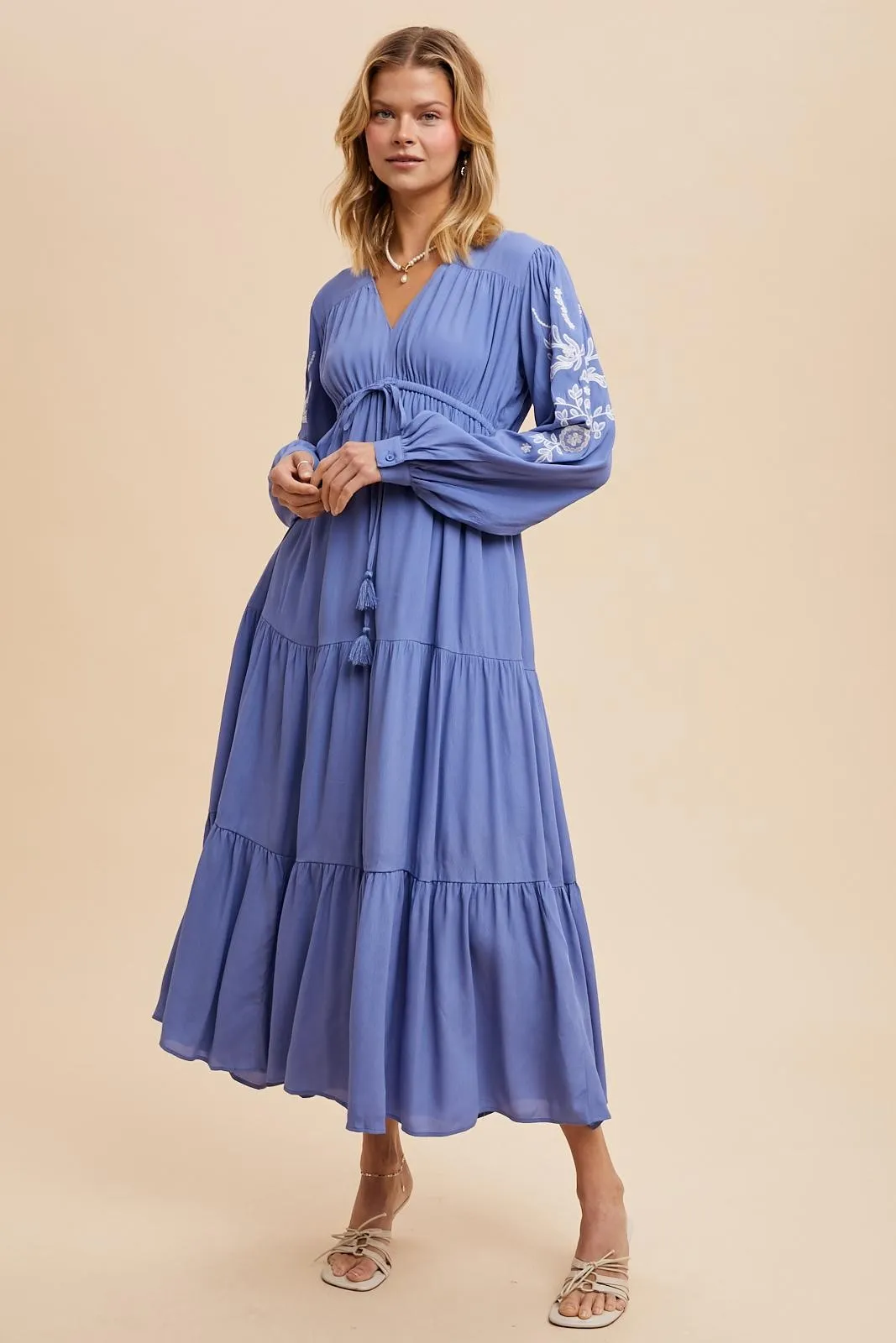 Blue Embroidered Long Sleeve Maxi Dress sold by Pinkblush product image thumbnail 2