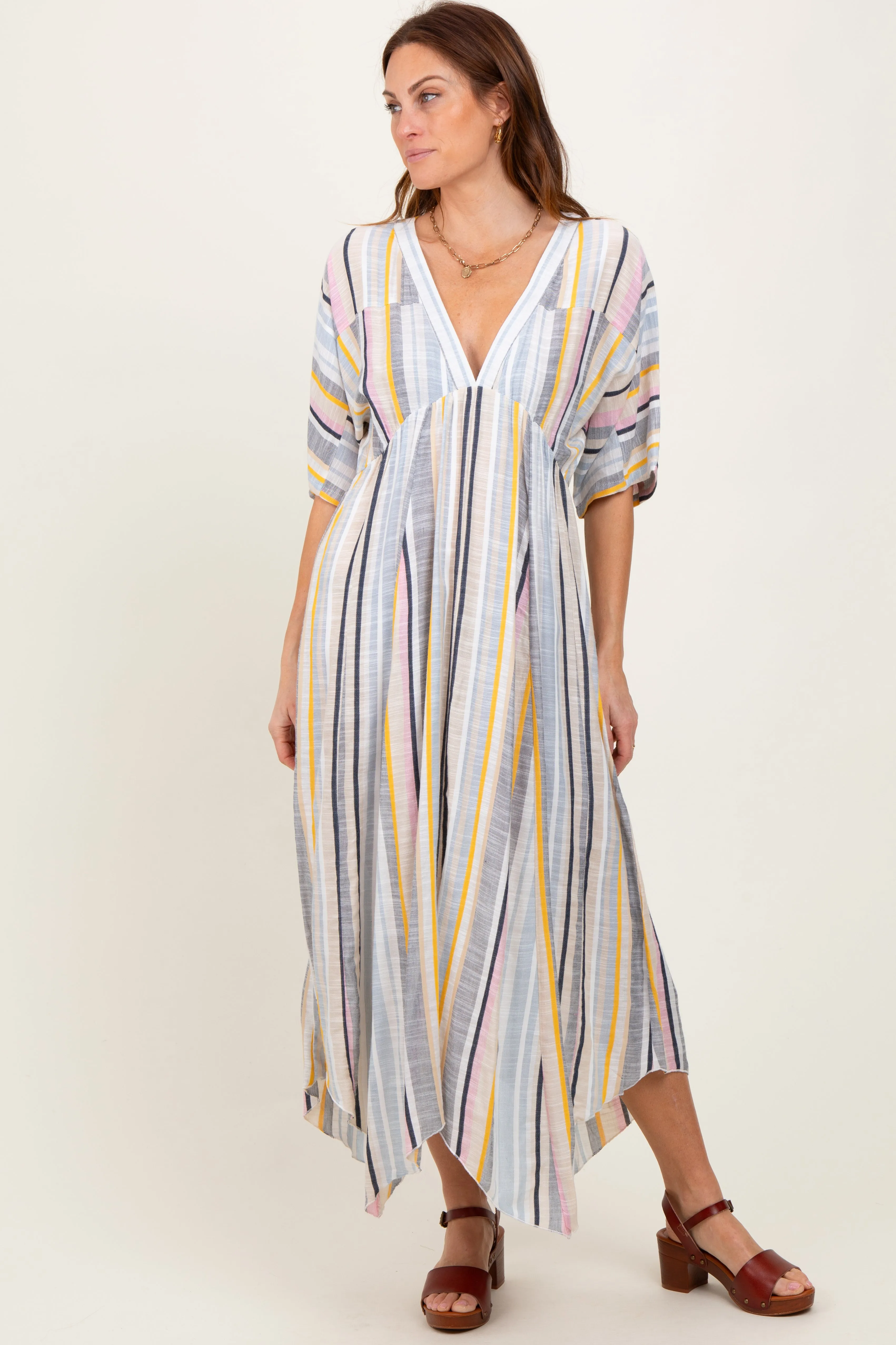 Multicolor Striped Handkerchief Hem Maxi Dress sold by Pinkblush