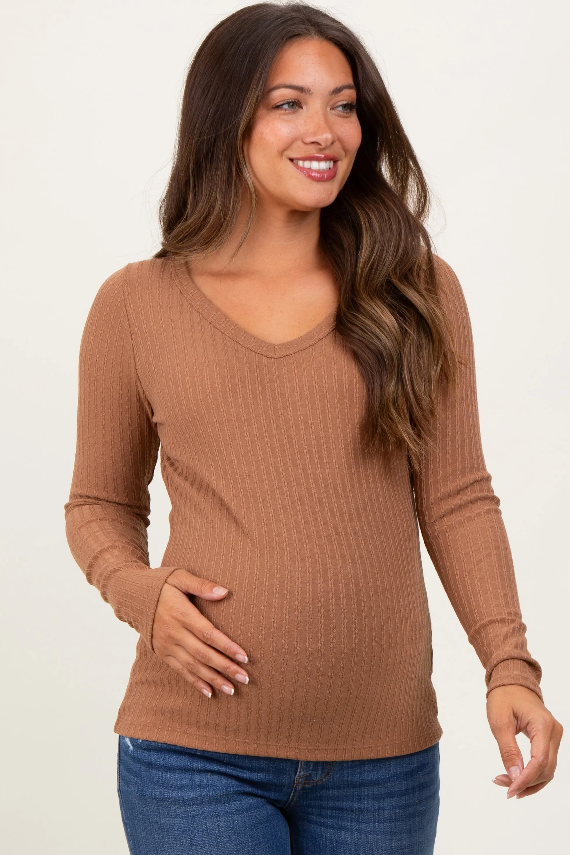 Camel Ribbed V-Neck Long Sleeve Maternity Top sold by Pinkblush