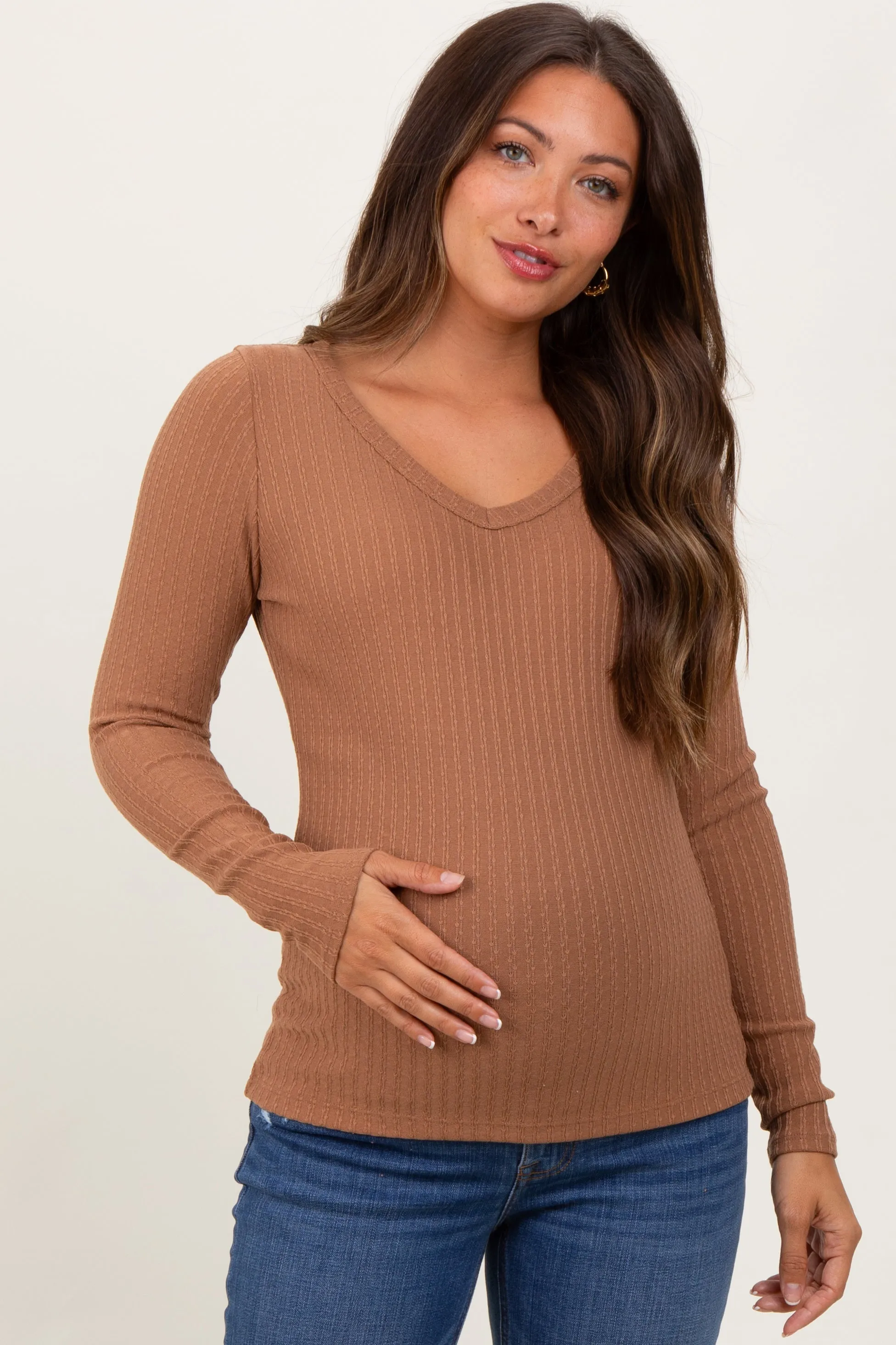Camel Ribbed V-Neck Long Sleeve Maternity Top sold by Pinkblush product image thumbnail 2
