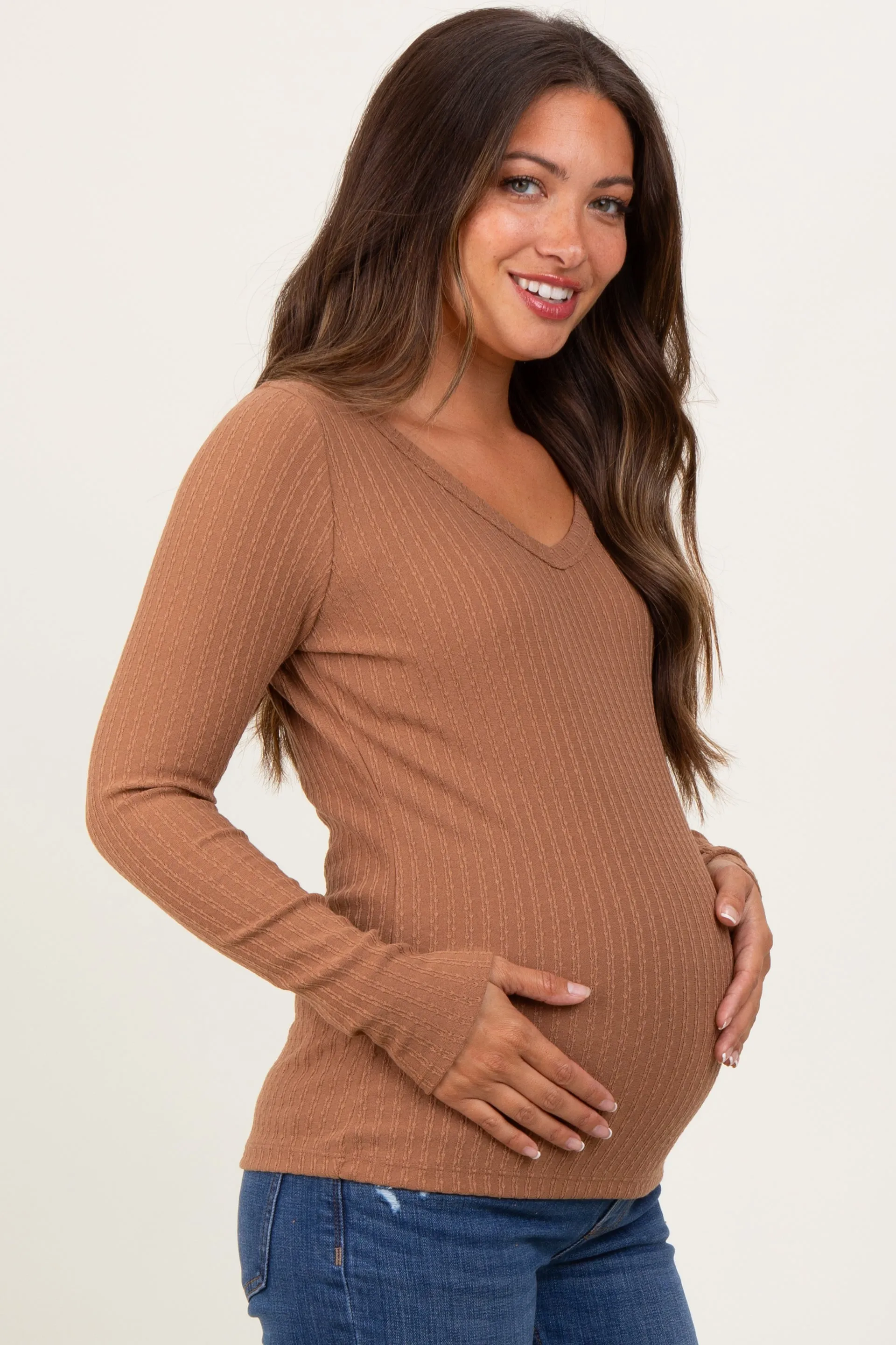 Camel Ribbed V-Neck Long Sleeve Maternity Top sold by Pinkblush product image thumbnail 3