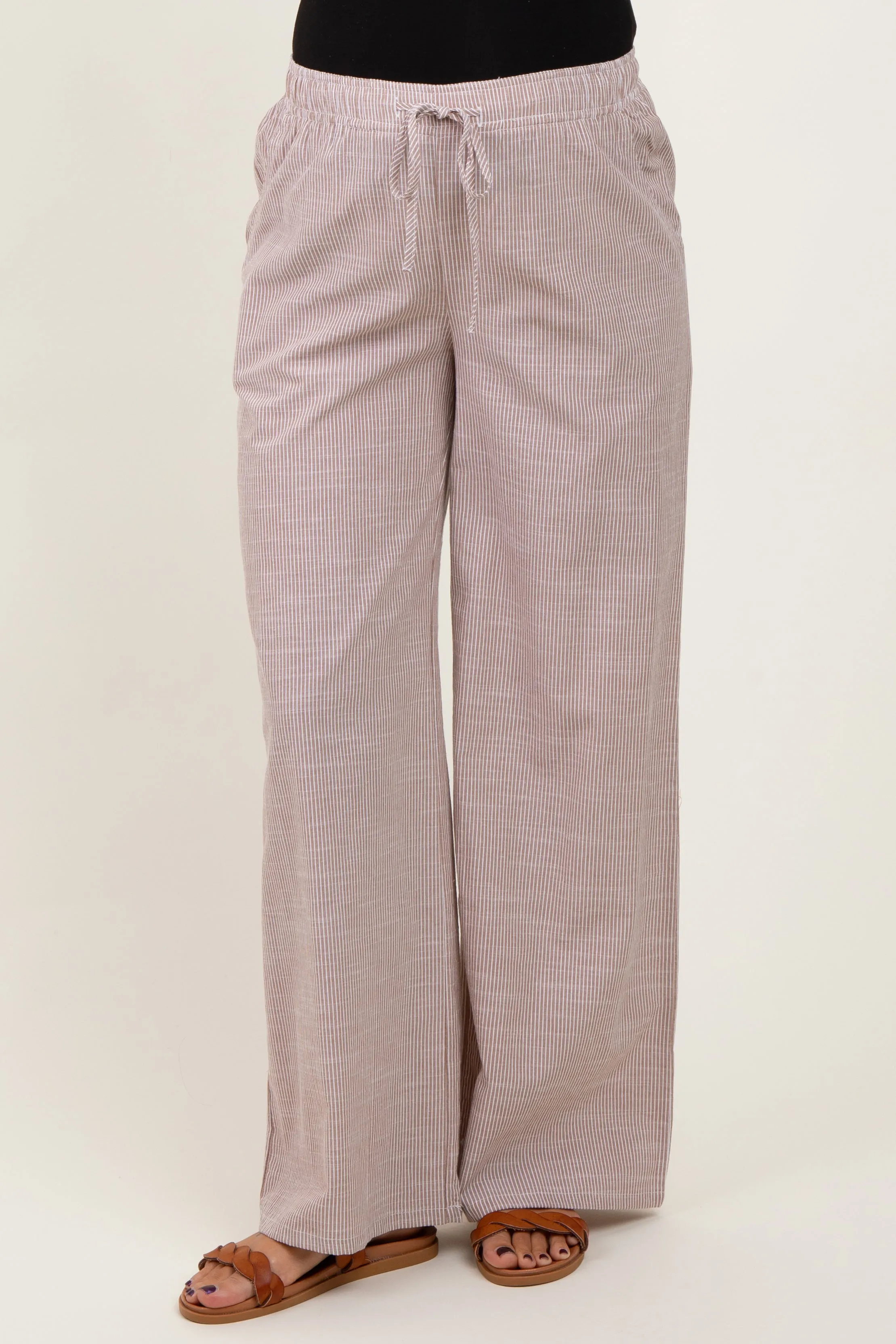 Light Taupe Striped Drawstring Wide Leg Maternity Pants sold by Pinkblush product image thumbnail 3