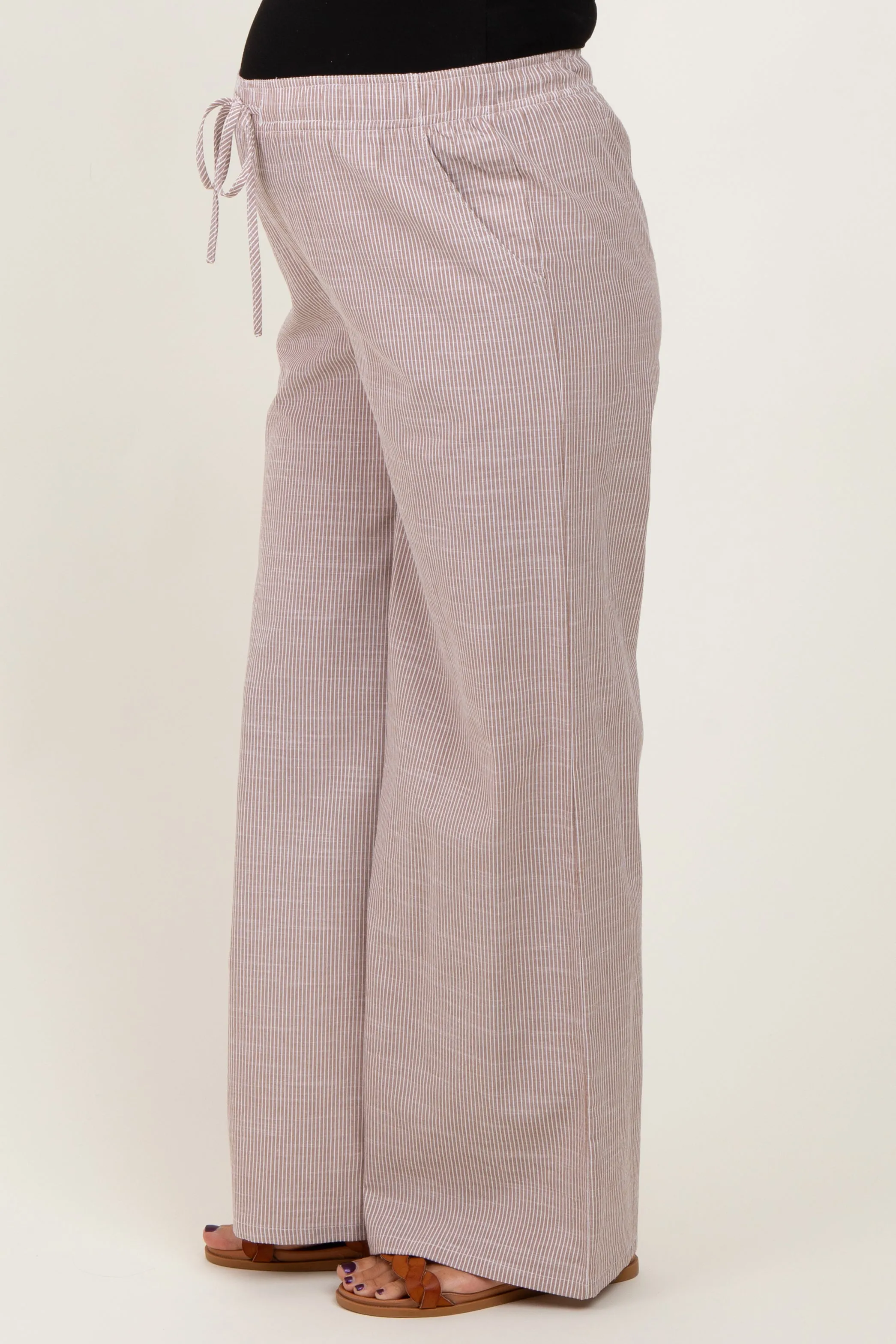 Light Taupe Striped Drawstring Wide Leg Maternity Pants sold by Pinkblush product image thumbnail 4