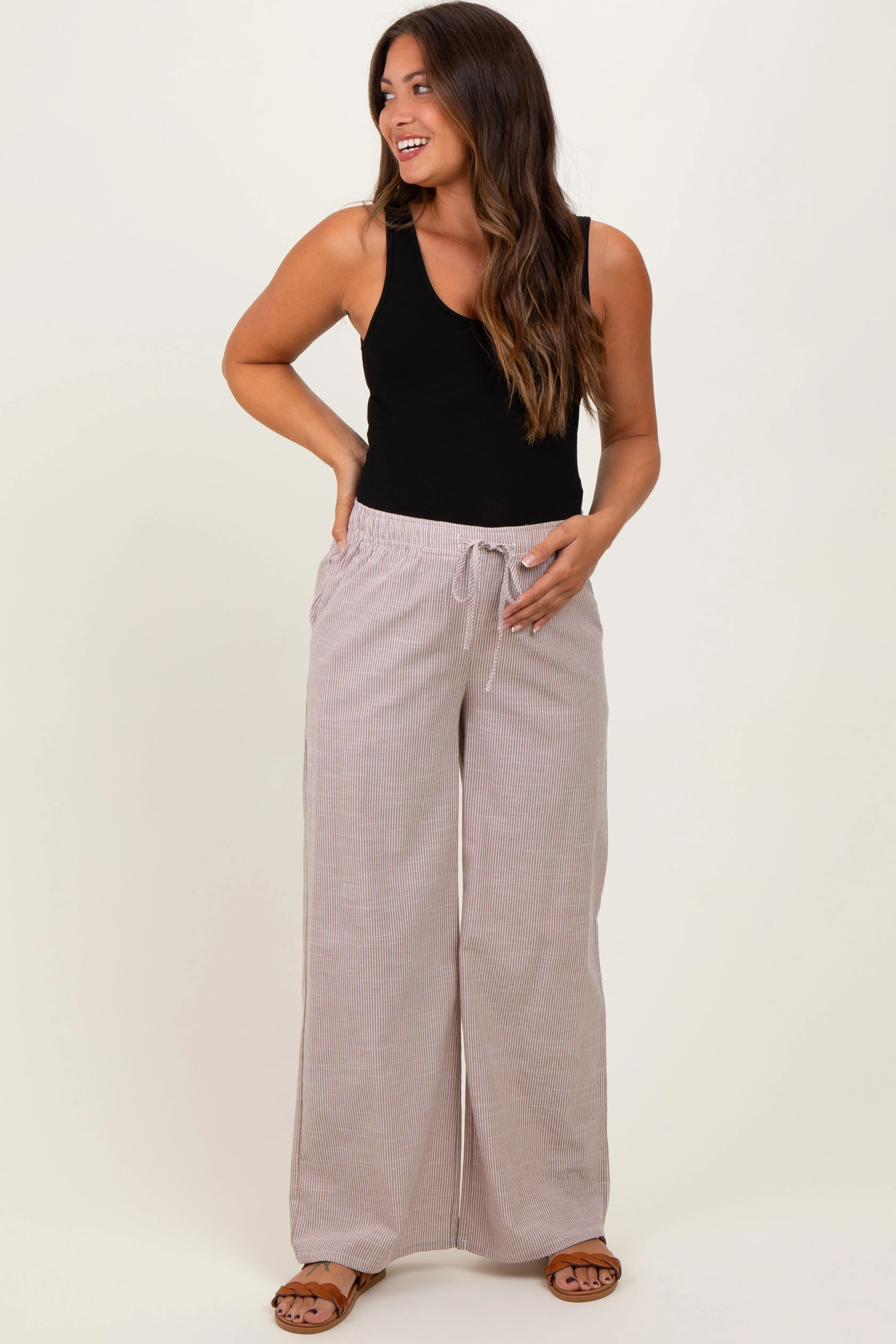 Light Taupe Striped Drawstring Wide Leg Maternity Pants sold by Pinkblush