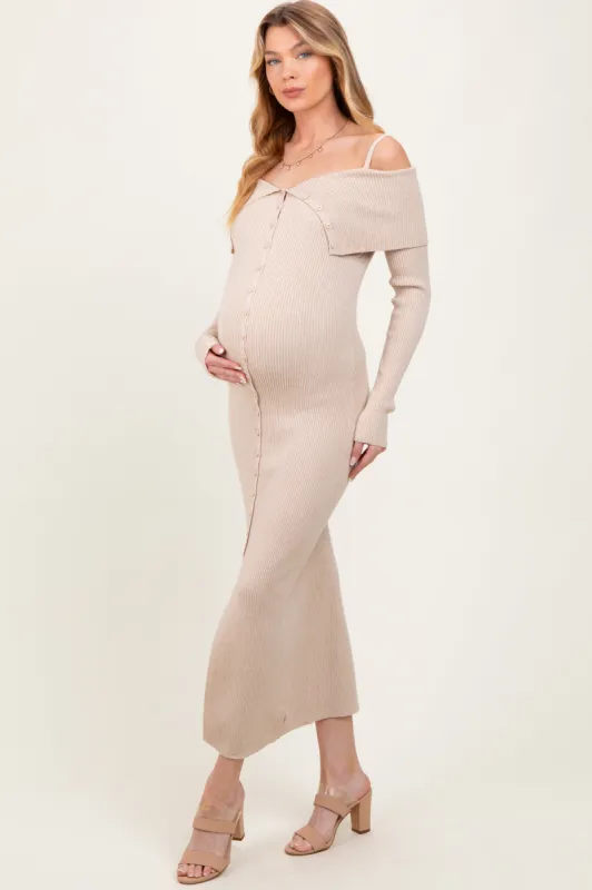 Beige Off Shoulder Long Cardigan Maternity Maxi Dress sold by Pinkblush