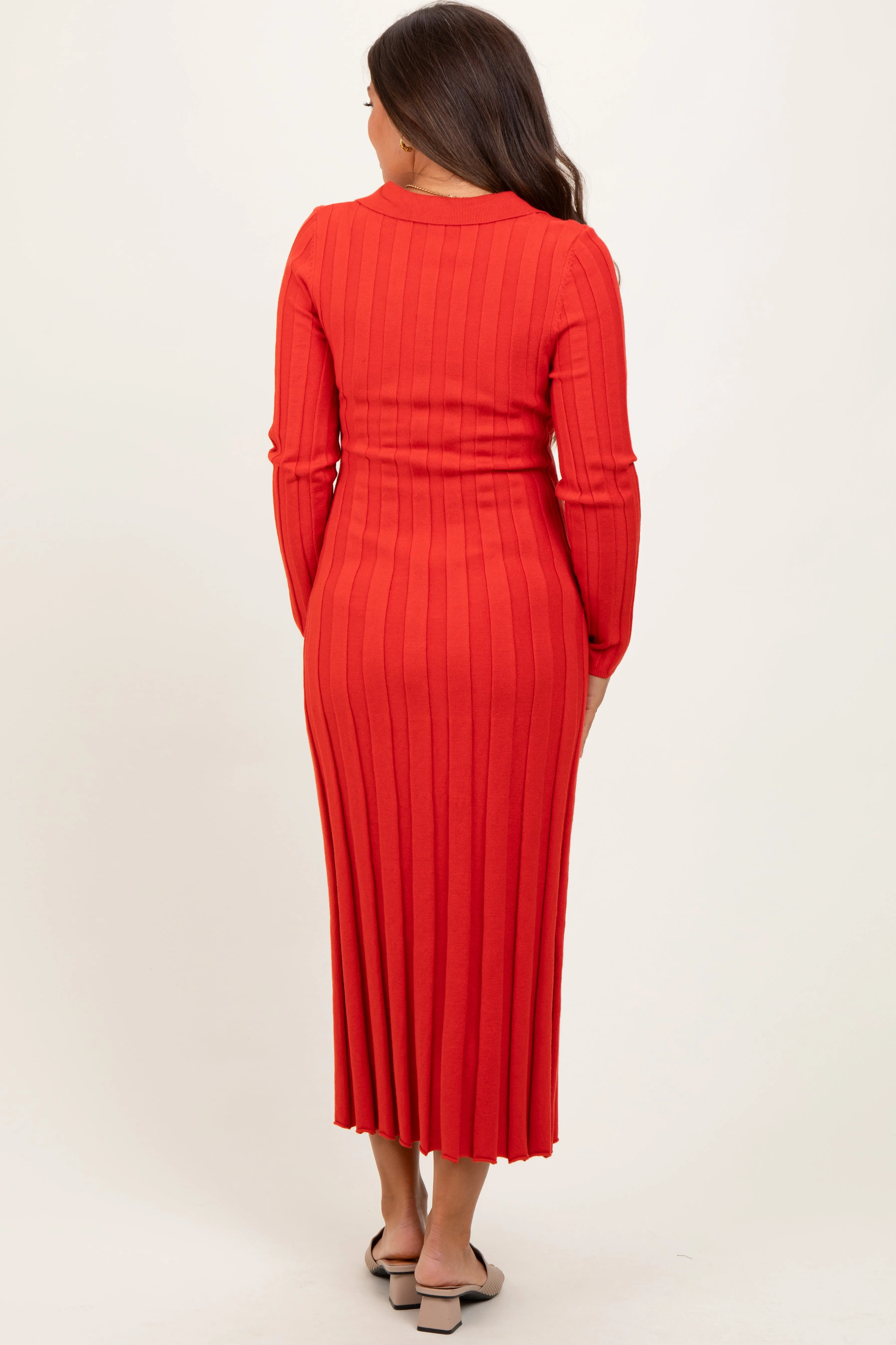 Red Wide Ribbed Knit Collared Maternity Midi Dress sold by Pinkblush product image thumbnail 4