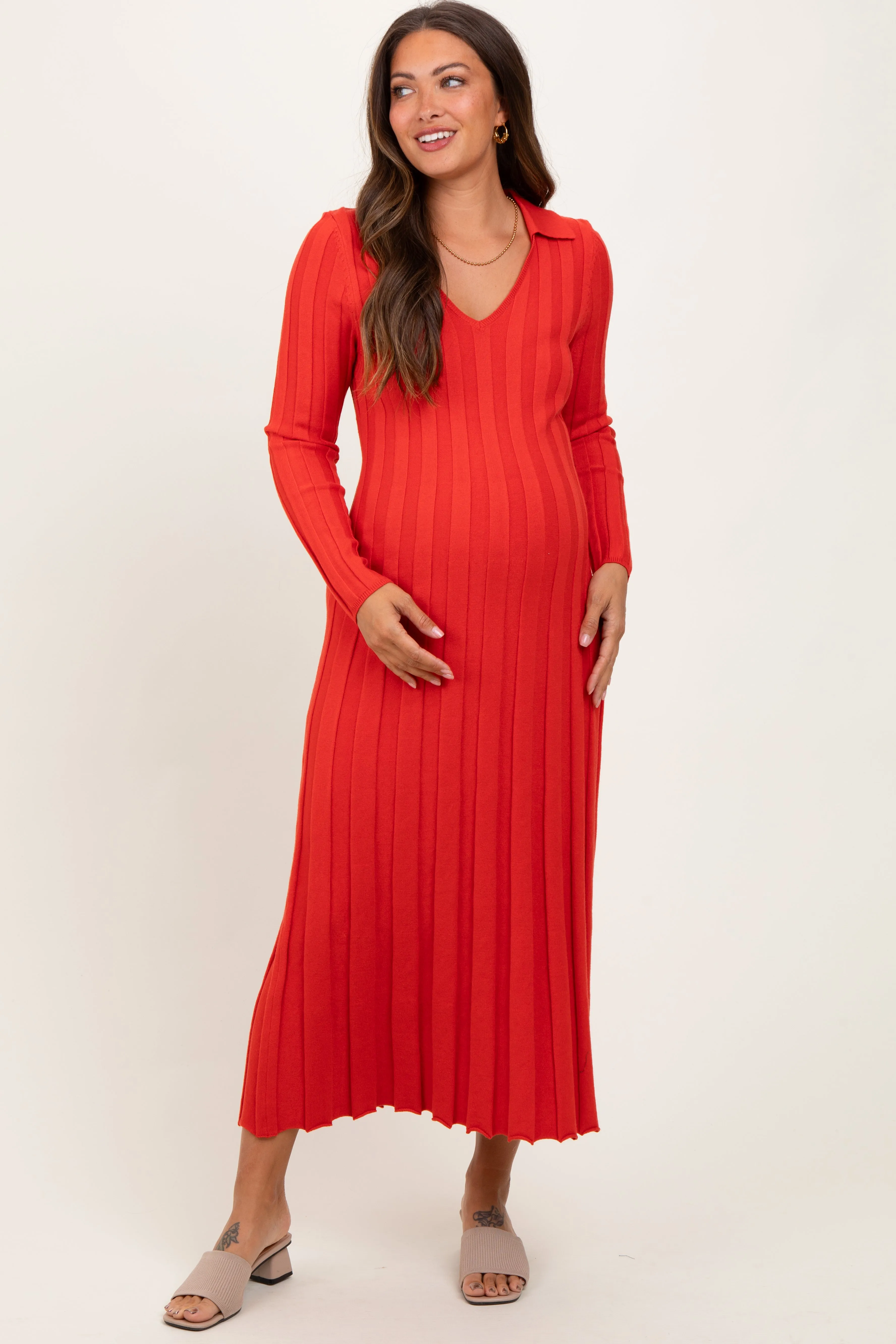 Red Wide Ribbed Knit Collared Maternity Midi Dress sold by Pinkblush