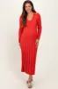 Red Wide Ribbed Knit Collared Maternity Midi Dress sold by Pinkblush