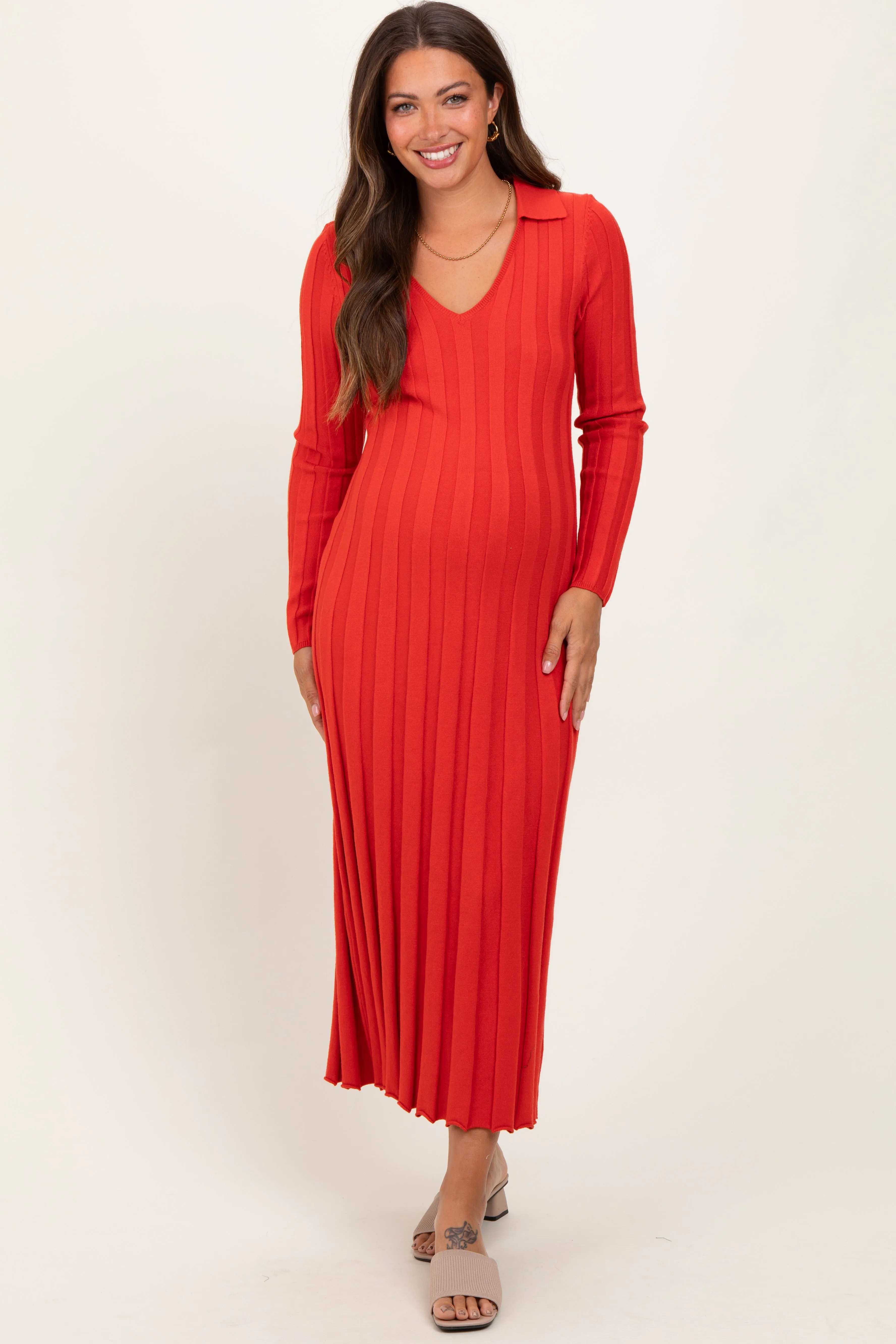 Red Wide Ribbed Knit Collared Maternity Midi Dress sold by Pinkblush product image thumbnail 2