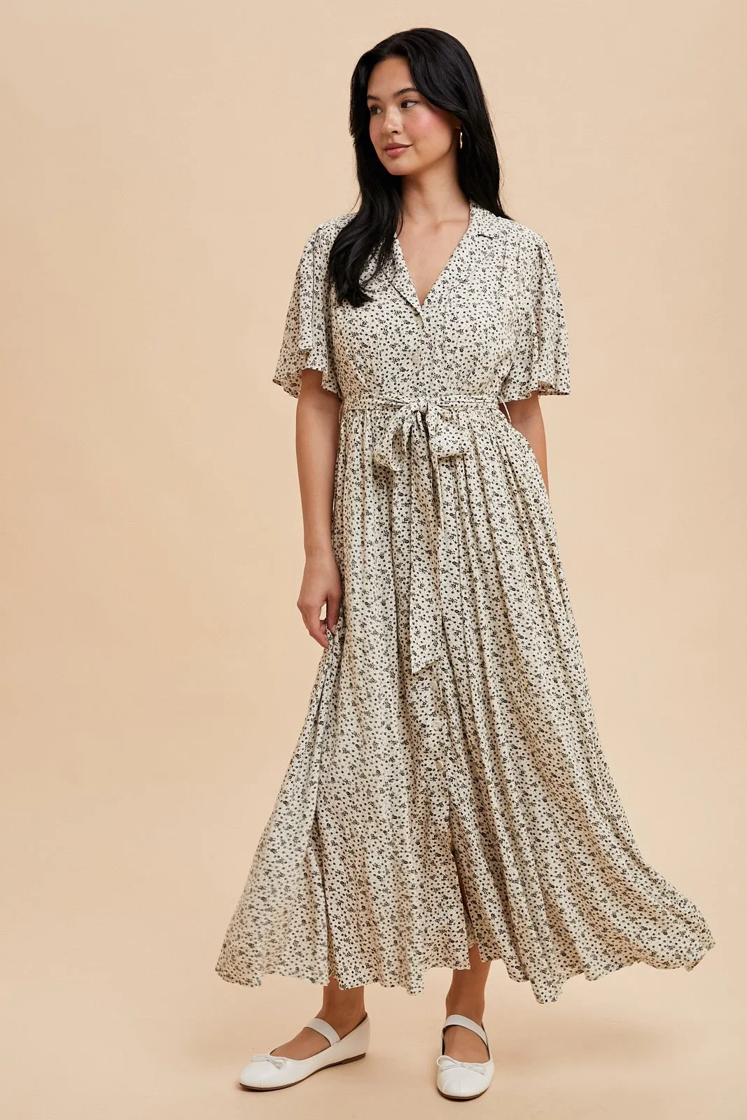 Cream Flutter Sleeve Button Down Maxi Dress sold by Pinkblush
