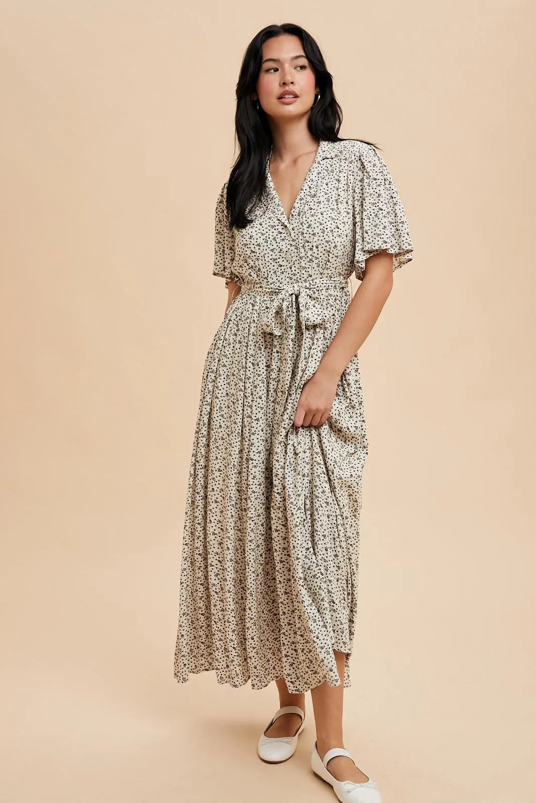 Cream Flutter Sleeve Button Down Maxi Dress sold by Pinkblush product image thumbnail 2