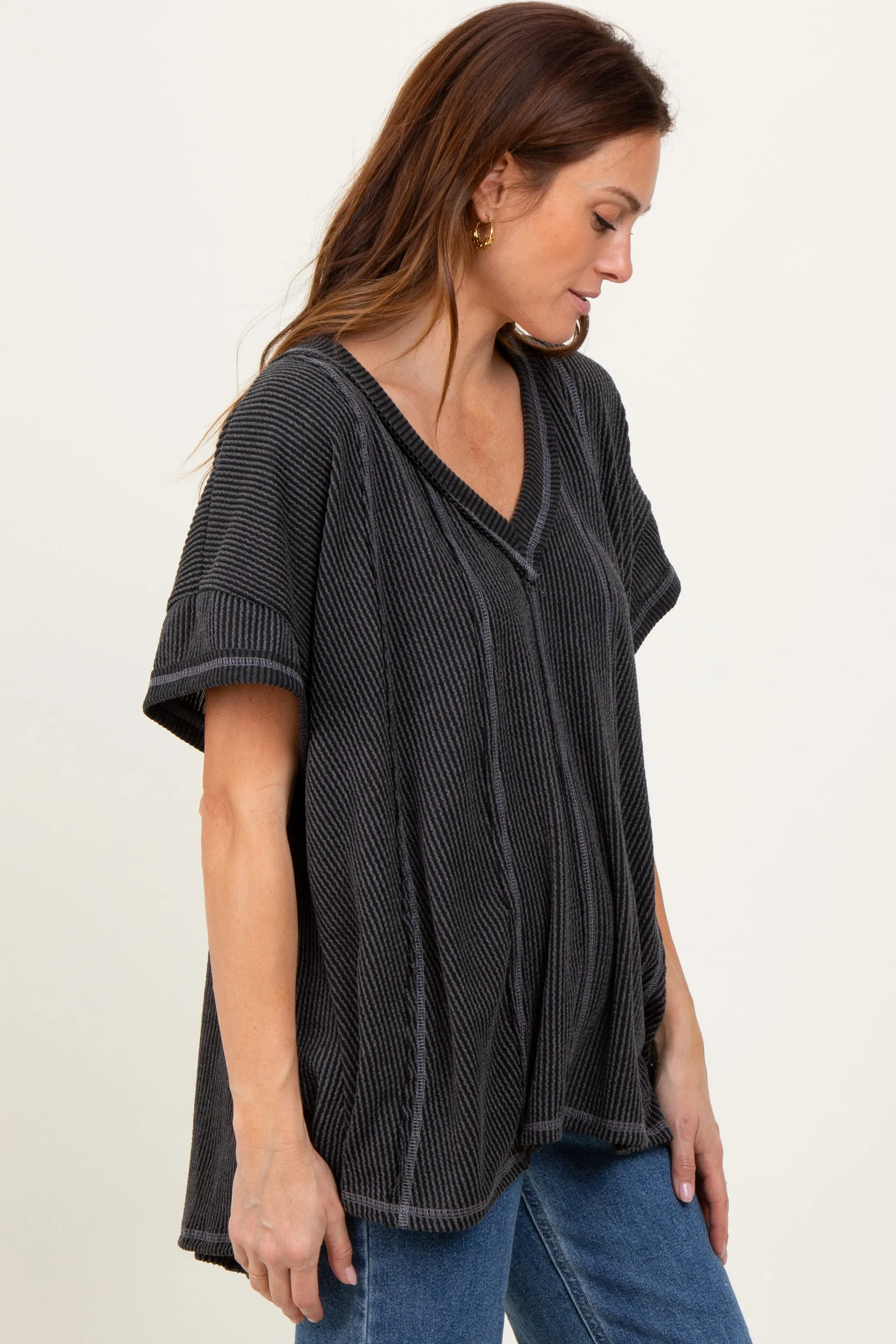 Charcoal Striped Ribbed V-Neck Oversized Short Sleeve Top sold by Pinkblush product image thumbnail 2