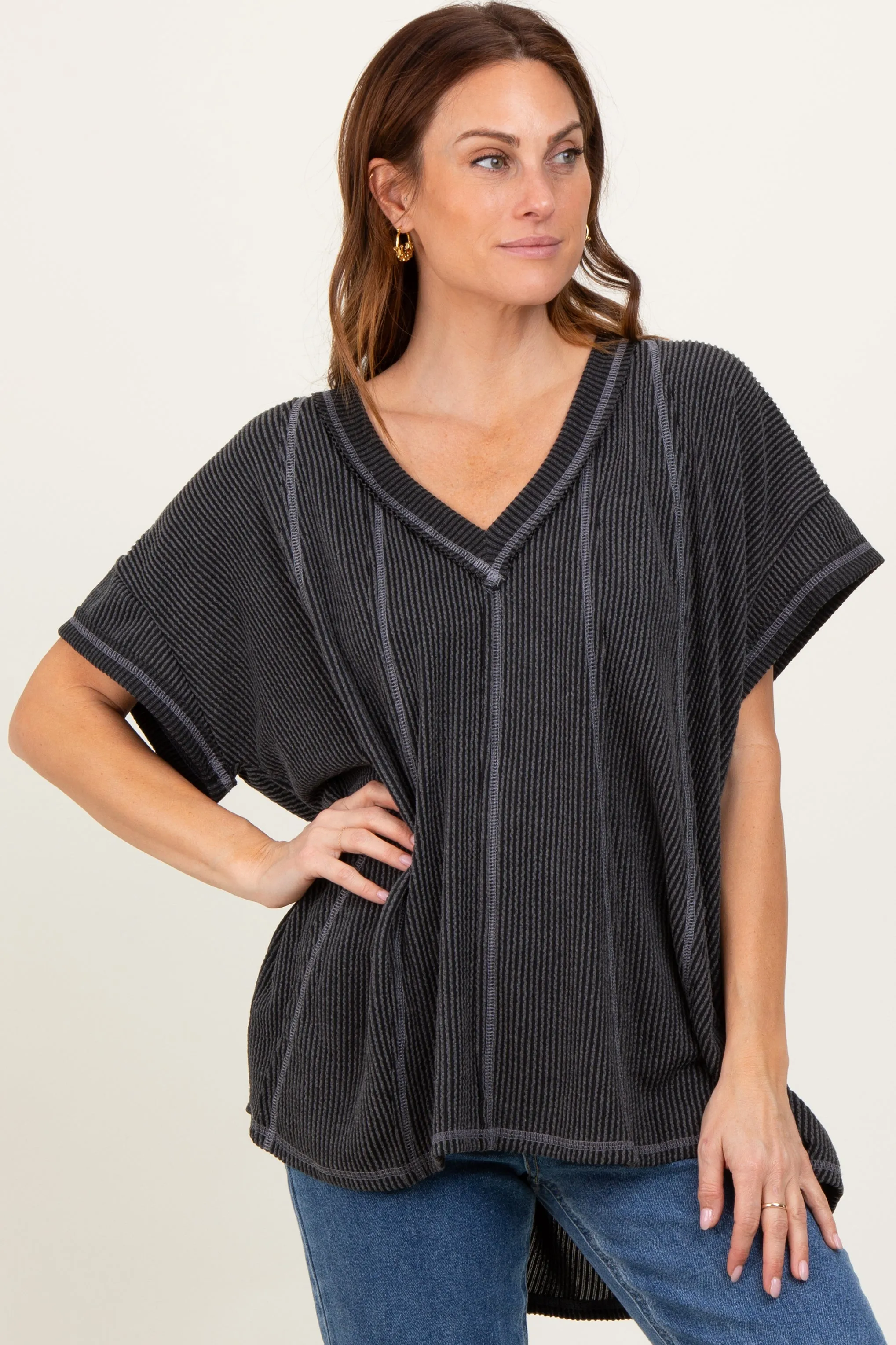 Charcoal Striped Ribbed V-Neck Oversized Short Sleeve Top sold by Pinkblush