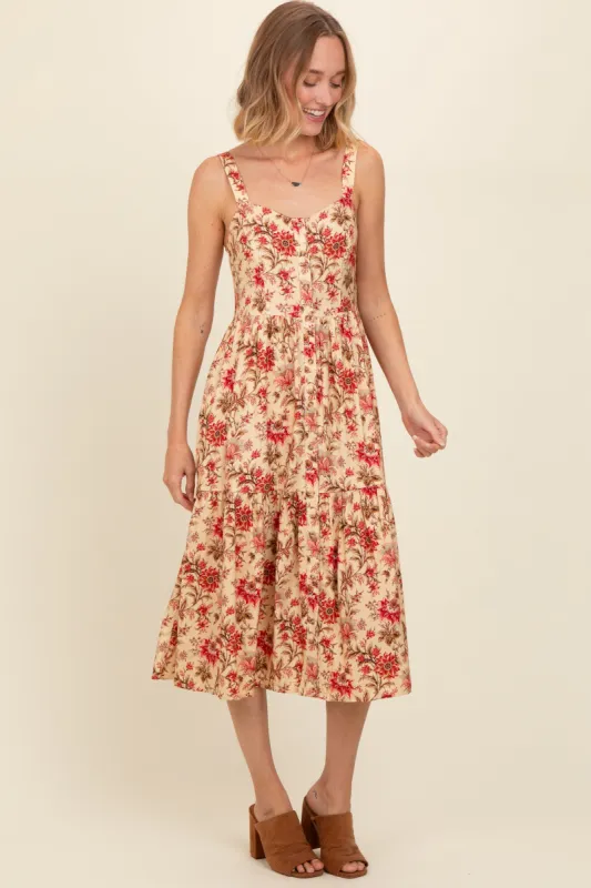 Cream Floral Sweetheart Neck Button Down Midi Dress sold by Pinkblush